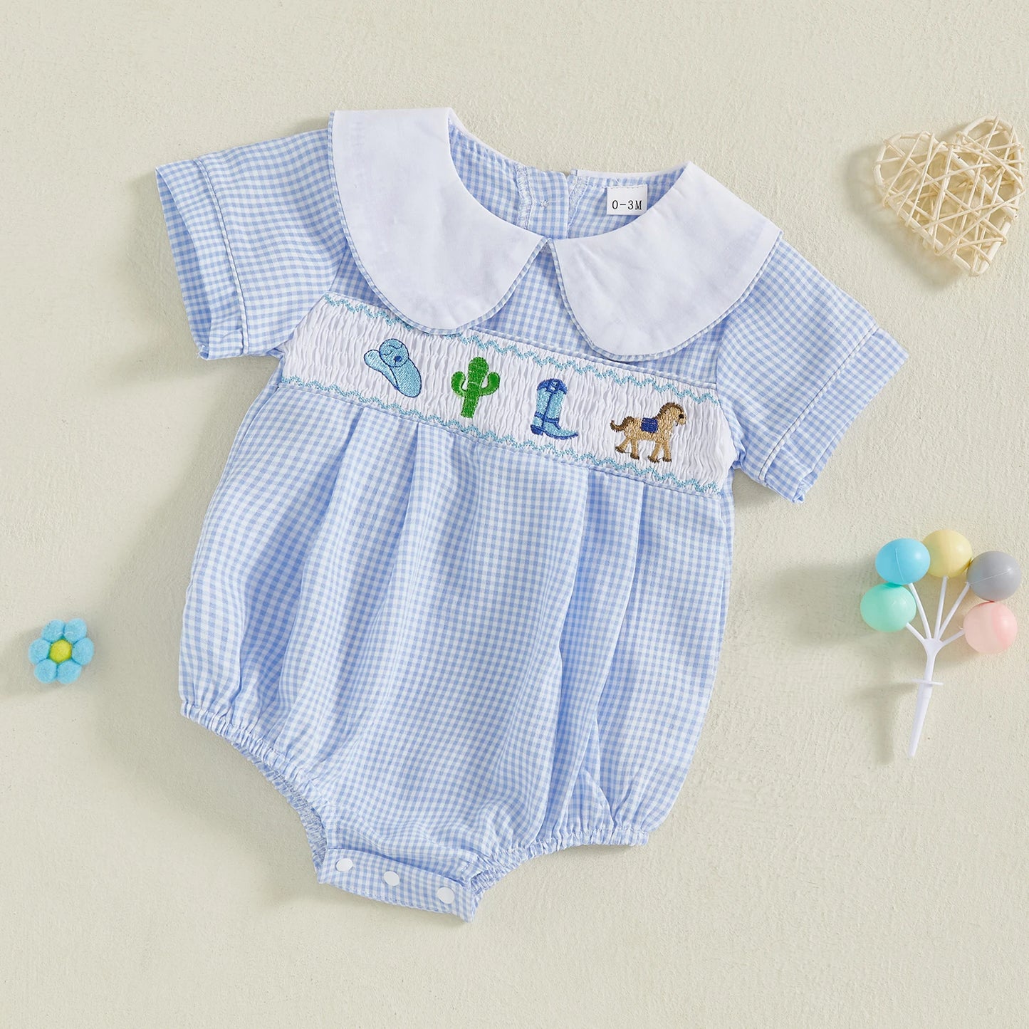 Lovely Baby Summer Romper - Plaid Print Western Embroidery Doll Collar Jumpsuit (0-18M)