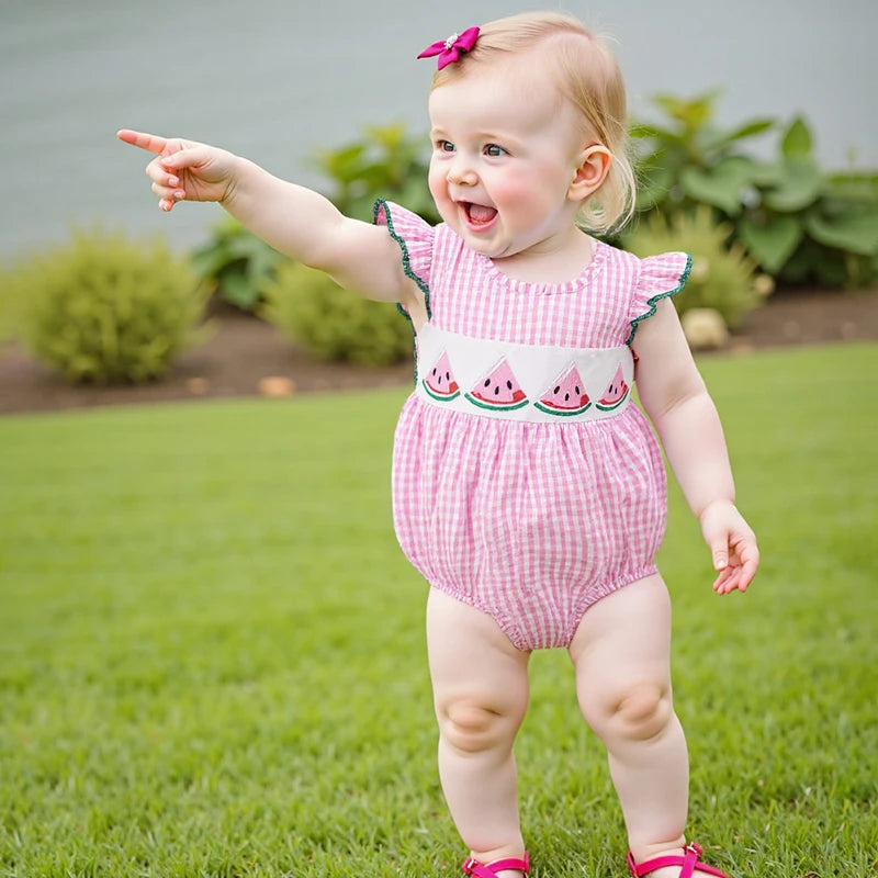 Baby Fruit Embroidery Romper - Ruffles Fly Sleeves Plaid Print Jumpsuit (0-18M)
