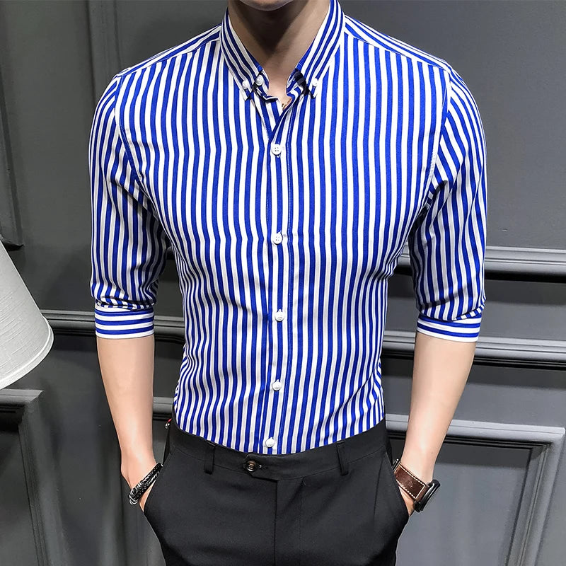 Men's Spring Summer Three Quarter Casual Striped Slim Fit Square Collar Shirt