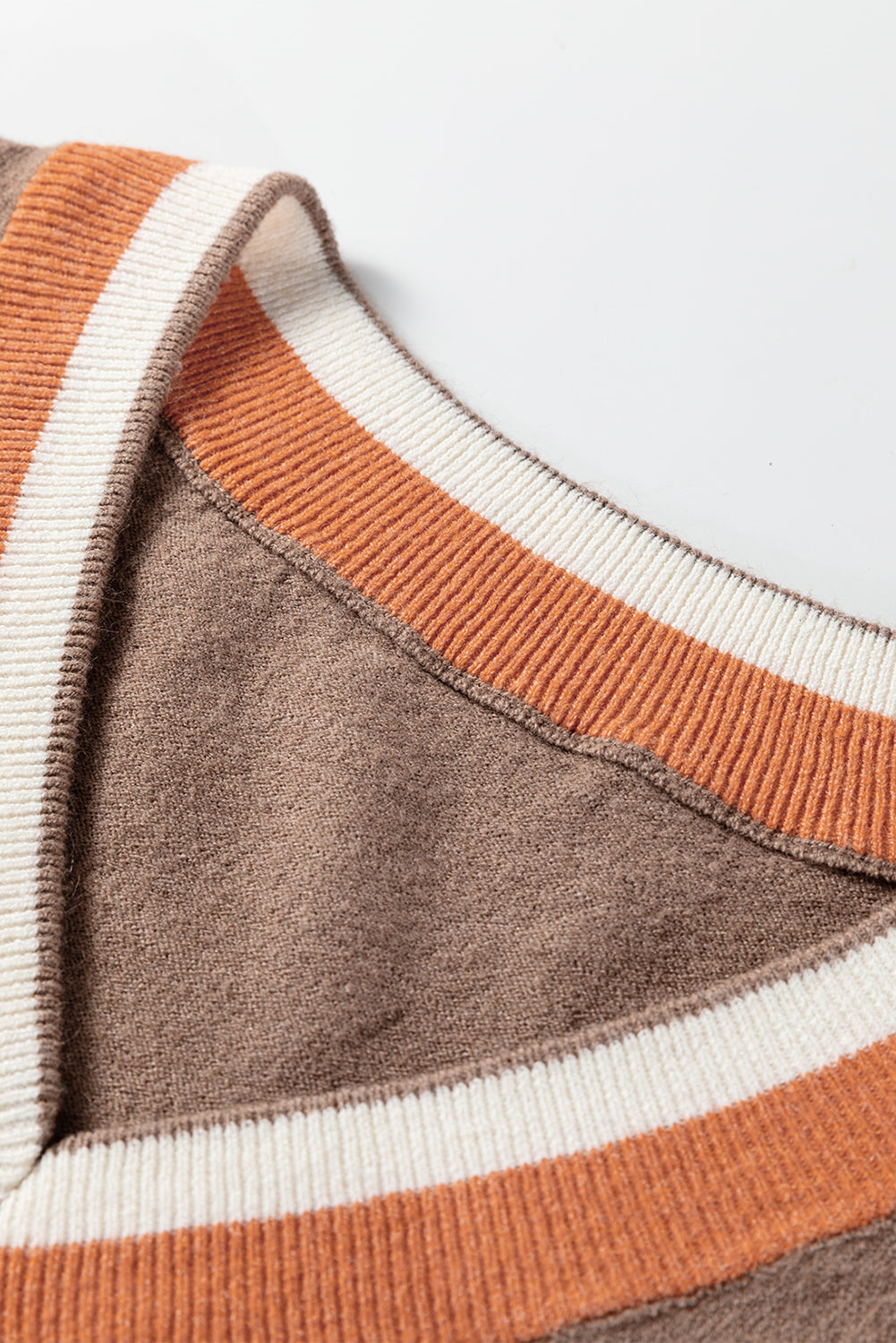 Dark Khaki Contrast Striped Trim V-Neck Varsity Sweater