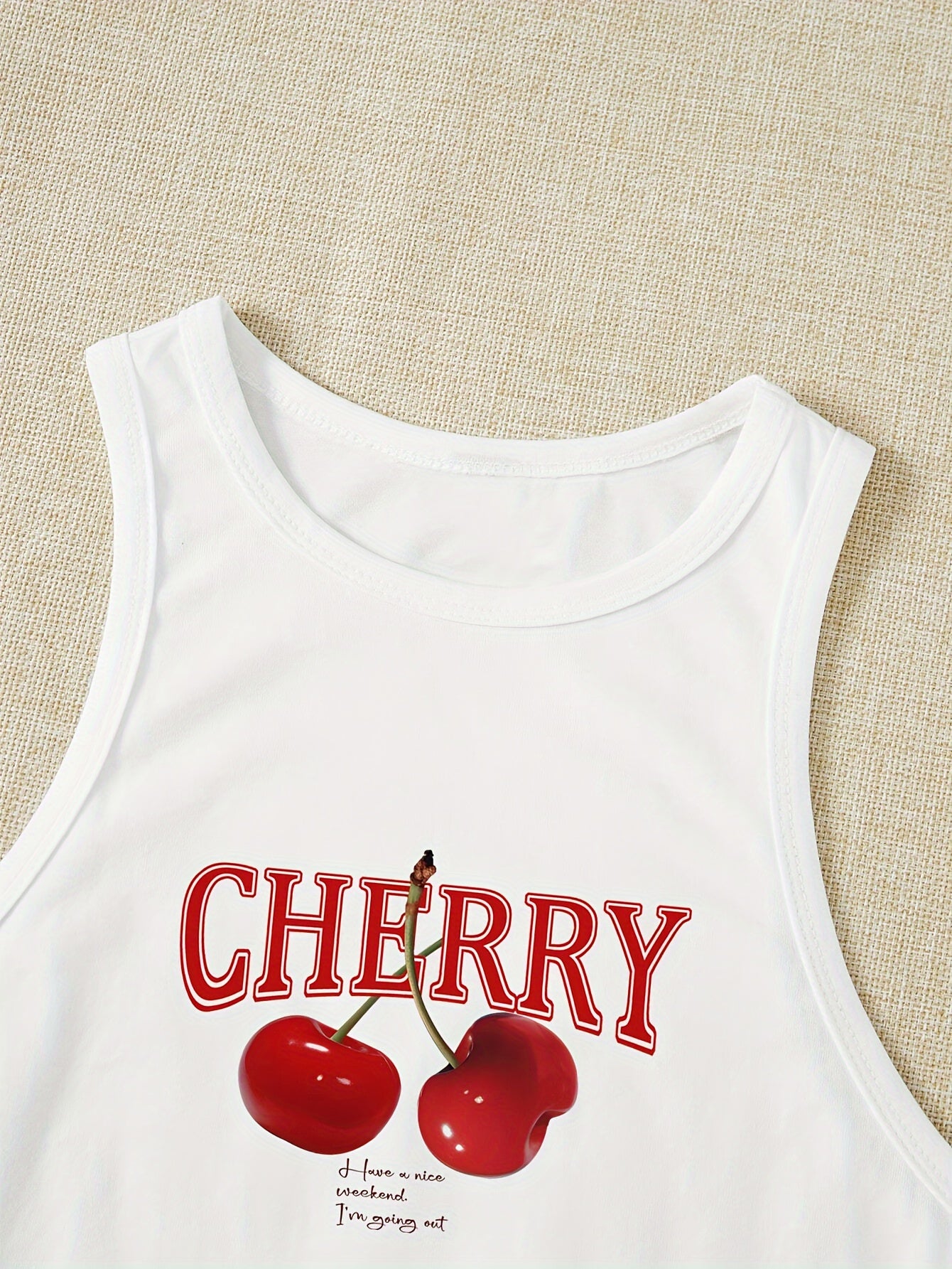 Women's Summer Cherry Print Crew Neck Sleeveless  Tank Top