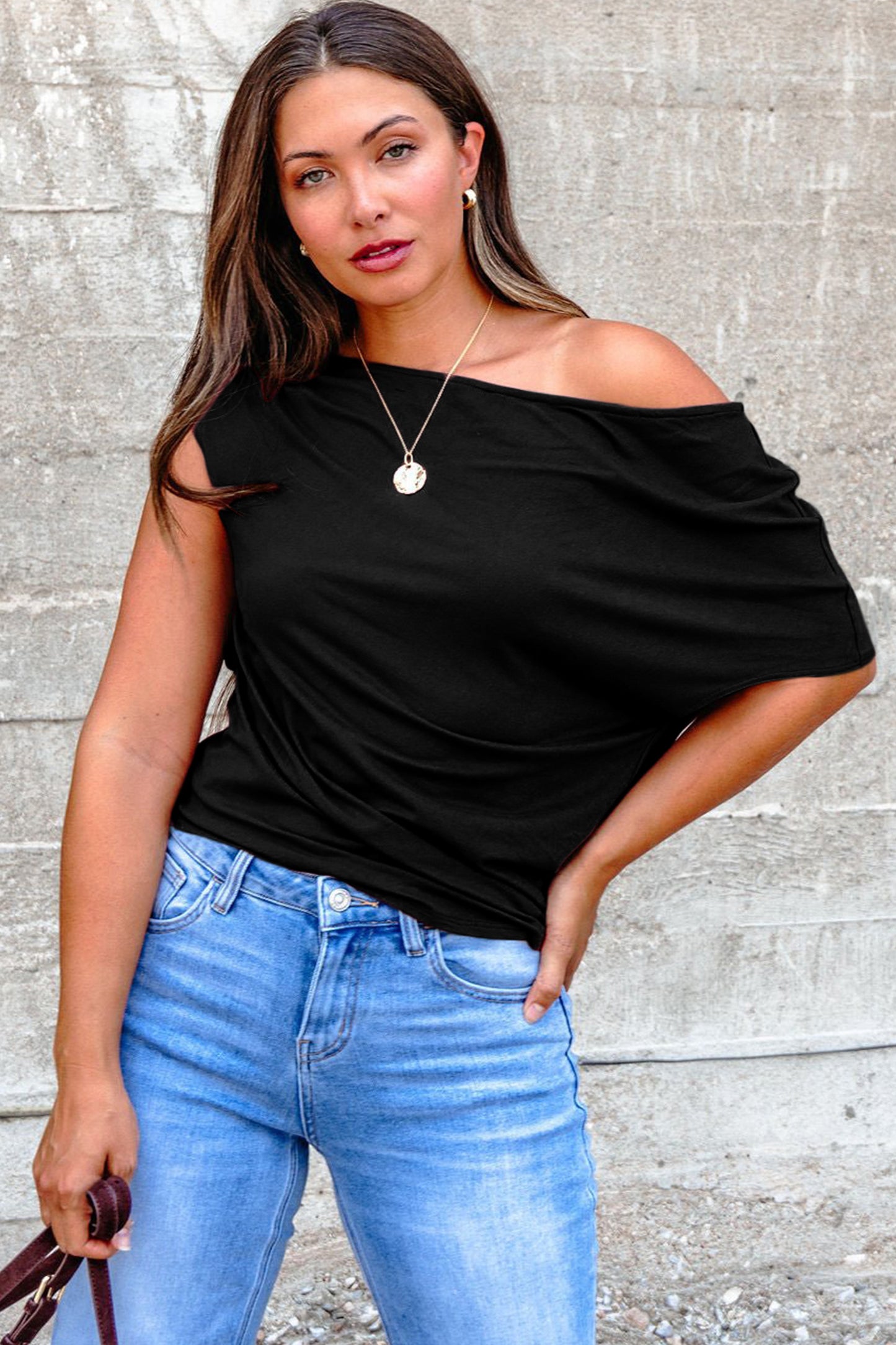Black Asymmetric Neck Short Sleeve Blouse - Plus Size