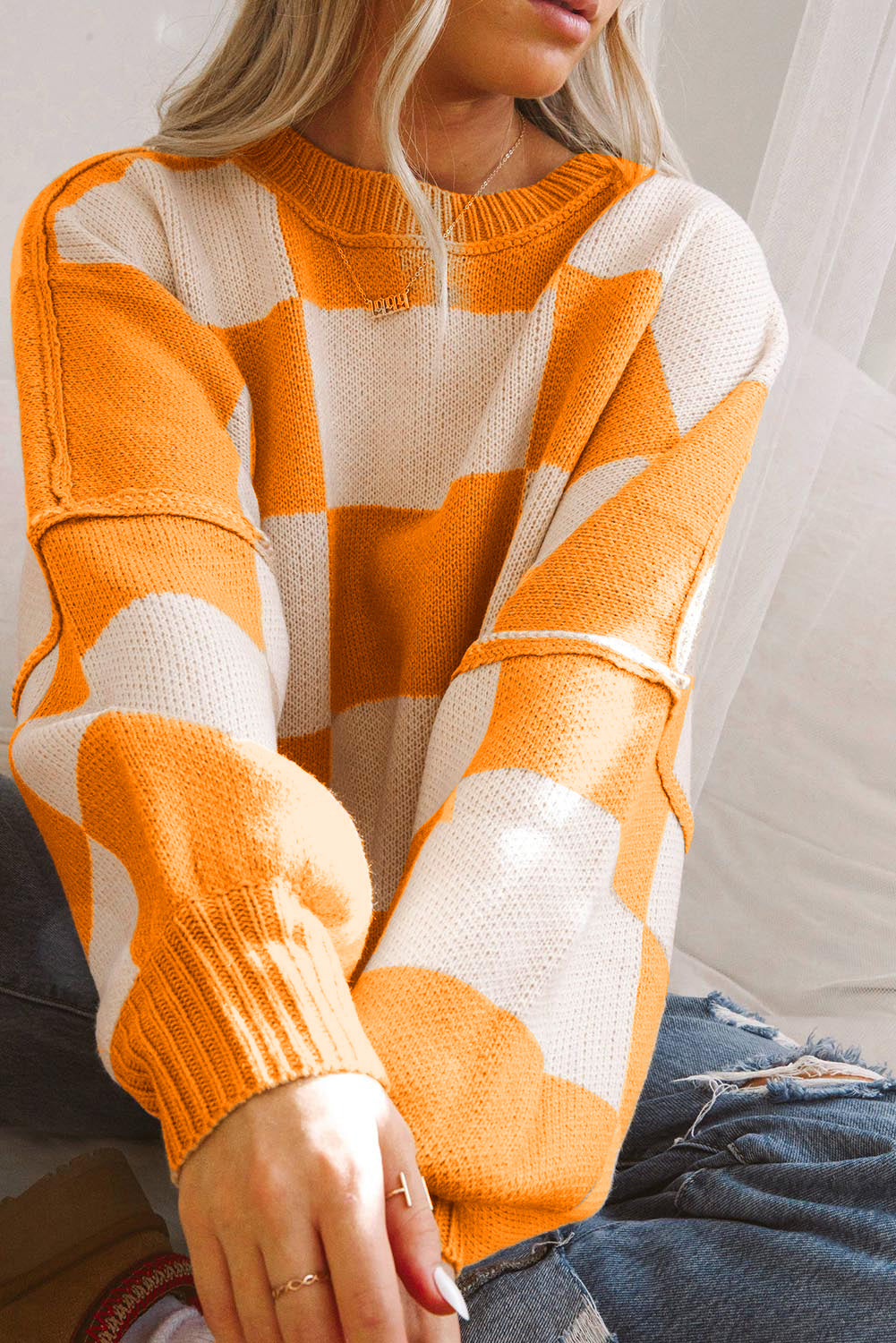 Dark Brown Checkered Bishop Sleeve Sweater