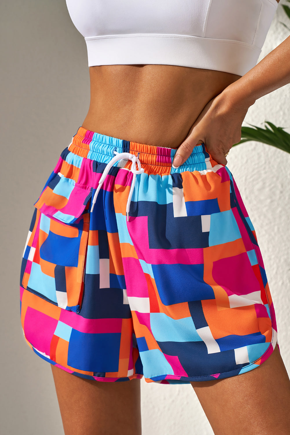 Geometric Printed Drawstring Beach Shorts with Pockets - Rose