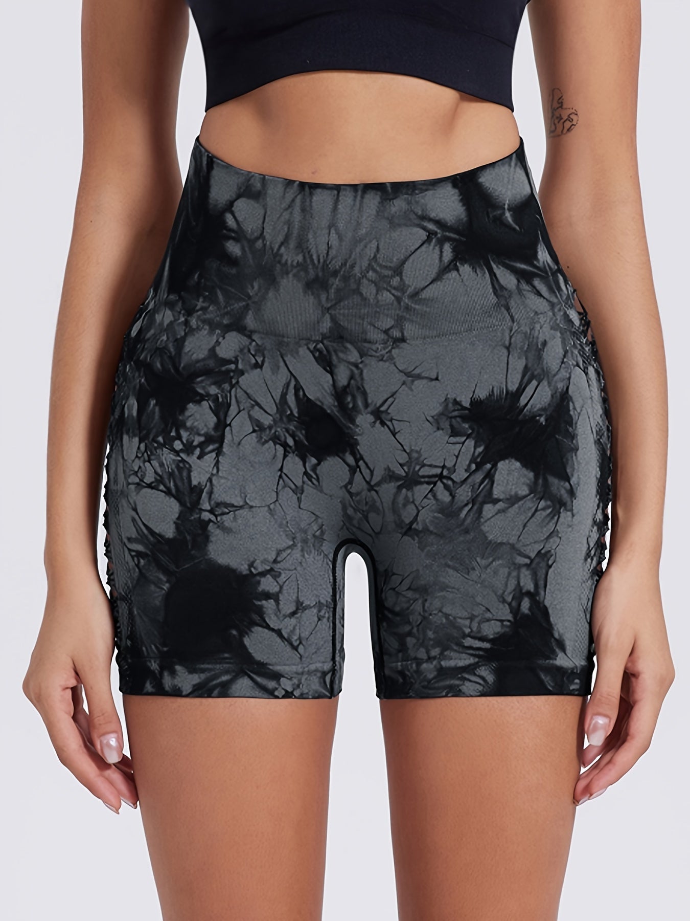 Women's High-Waisted Side Hollow-Out Tie-Dye Yoga Running Sports Activewear, Fitness Gym Shorts