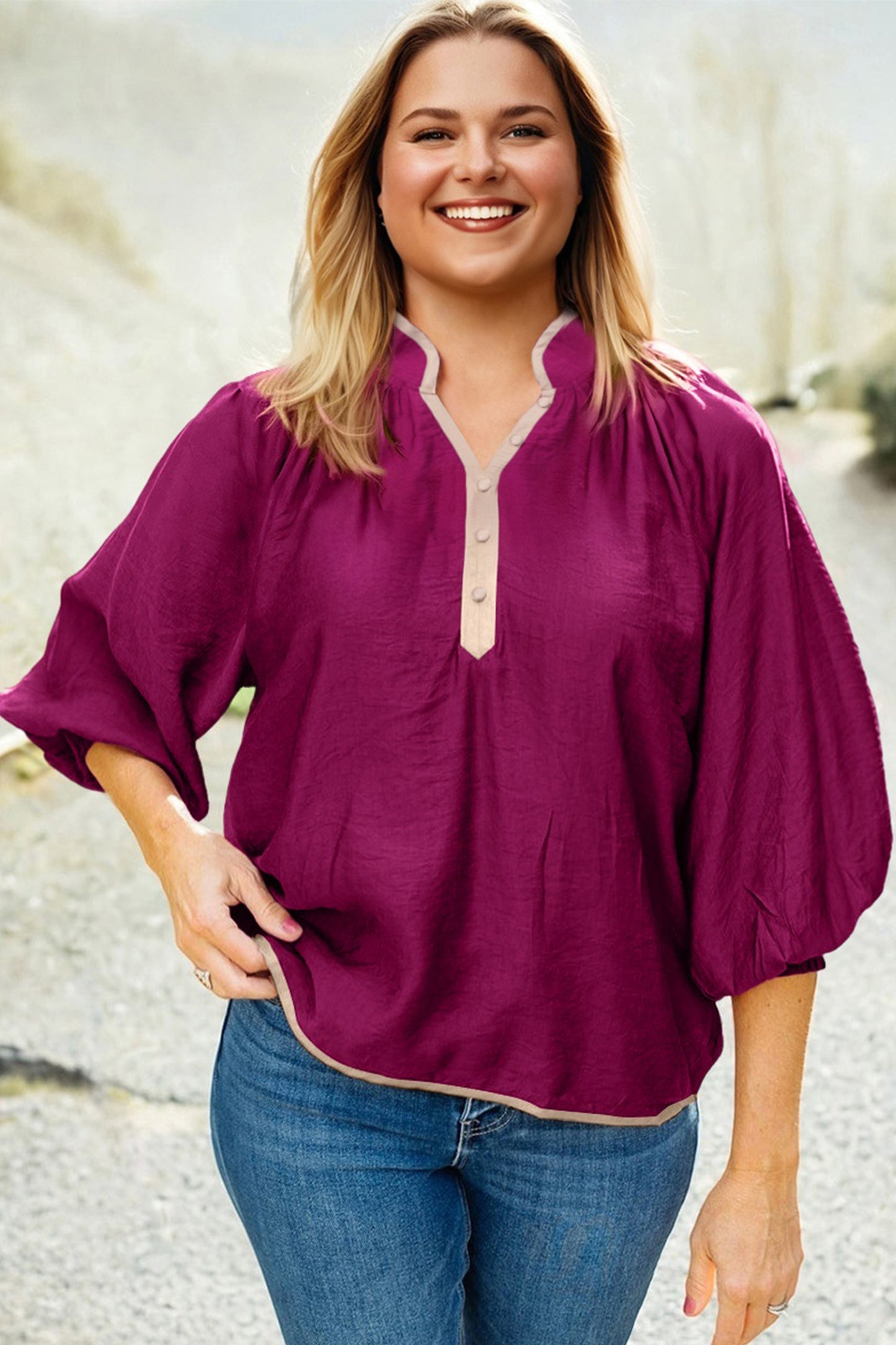Contrast Trim Button V Neck Puffy Bracelet Sleeve Blouse - Plus Size