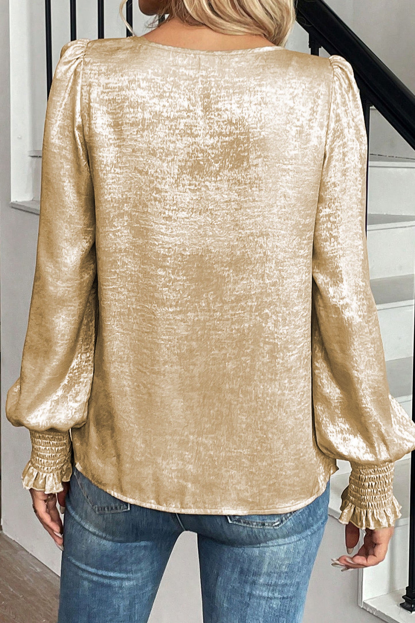 Plus Size Metallic Long Flounce Sleeve Blouse