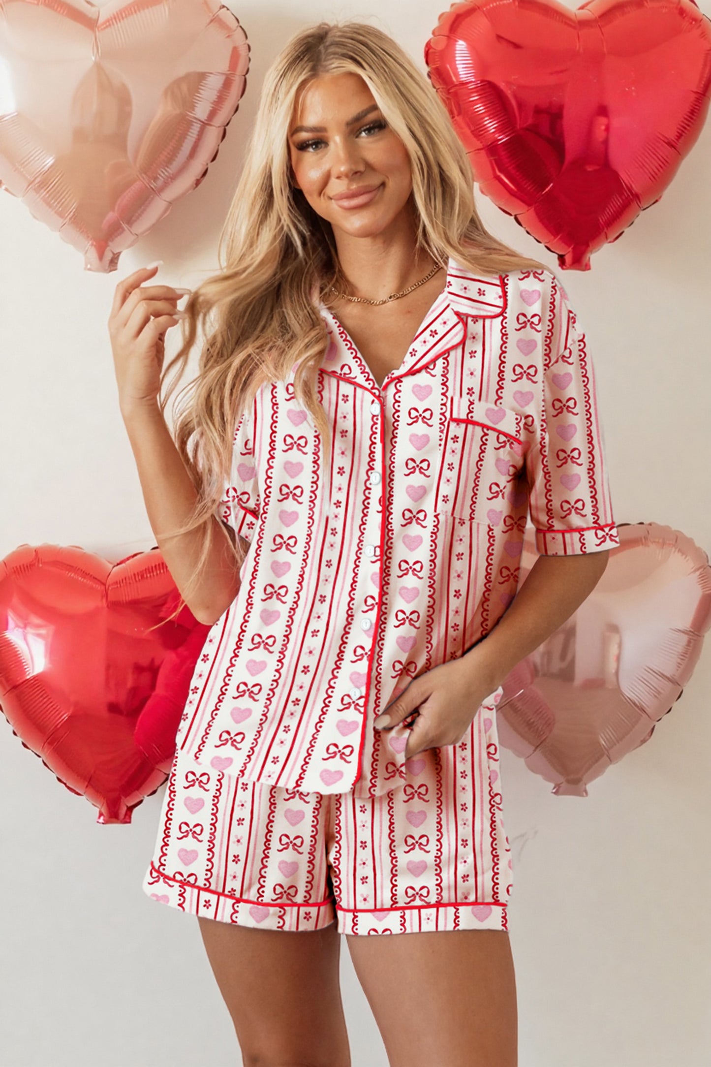 Bow Heart Print Ribbon Decor Short Pajama Set - Red