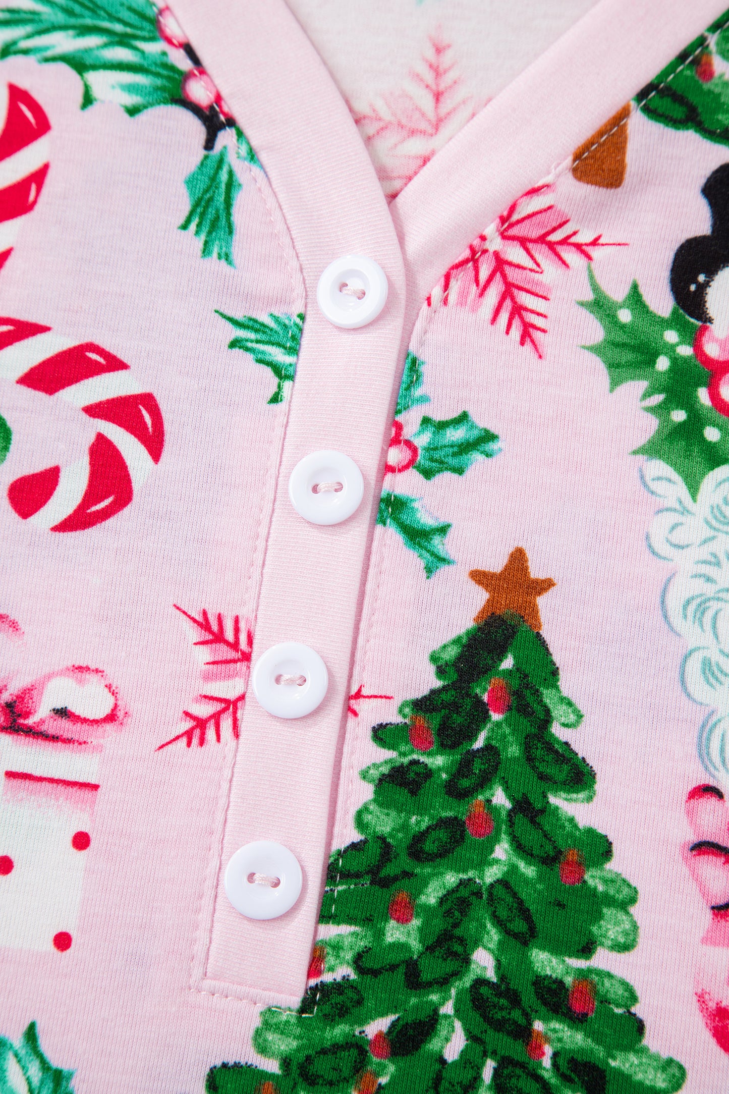 Pink Christmas Pattern Button V Neck Pullover and Drawstring Pants Lounge Set
