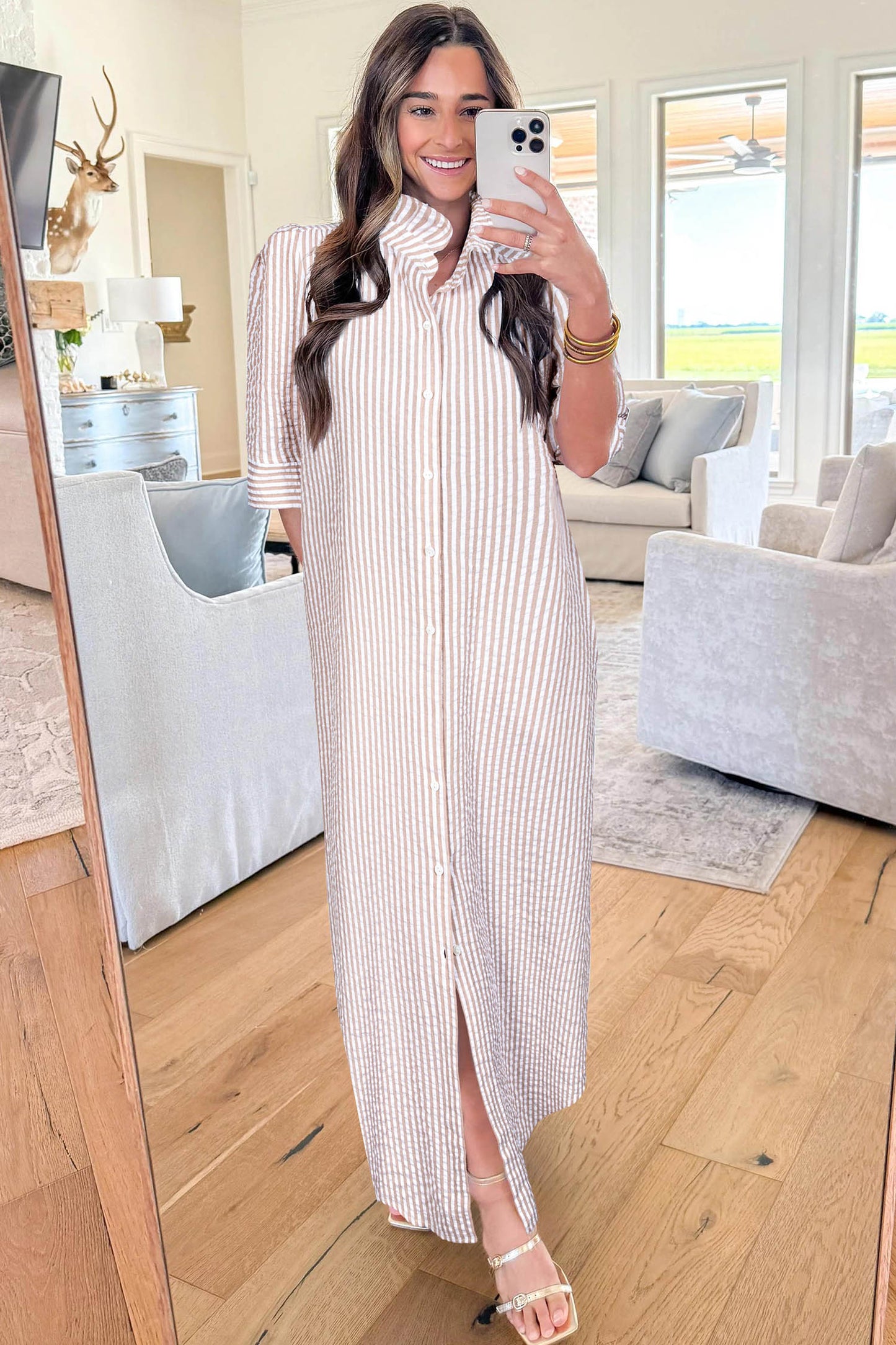 Stripe Frilled Collar Half Sleeve Shirt Maxi Dress