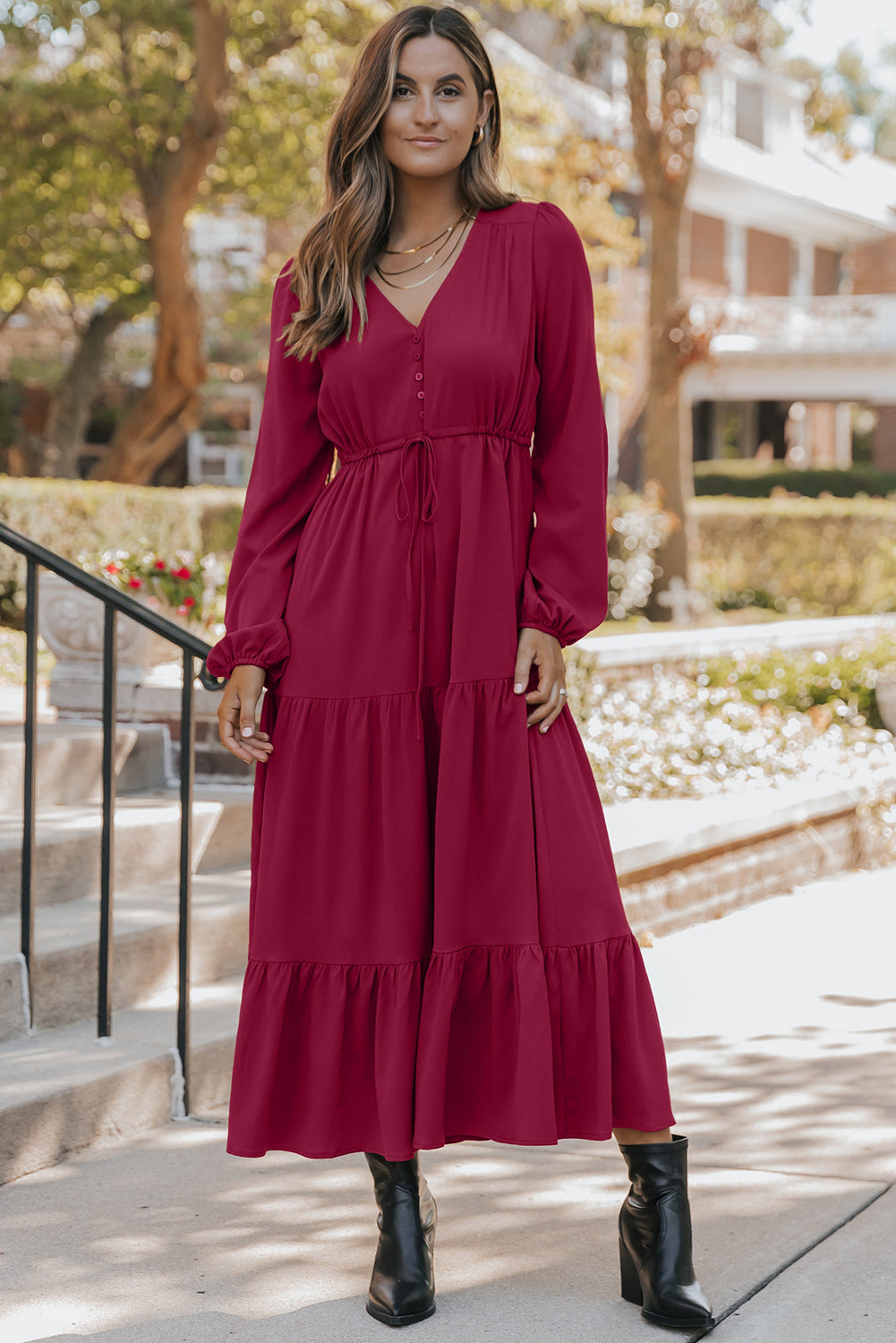 Solid Long Sleeve Button V Neck Tiered Maxi Dress