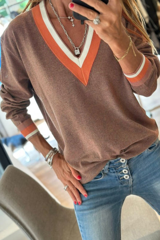 Dark Khaki Contrast Striped Trim V-Neck Varsity Sweater
