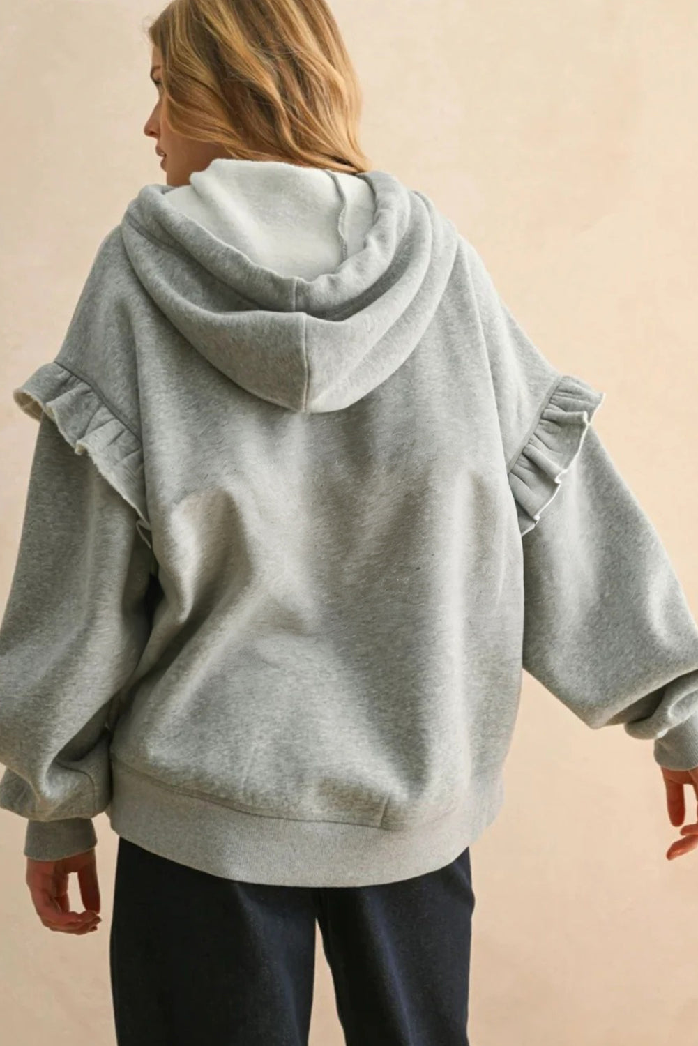 Contrast Rope Drawstring Ruffle Trim Drop Shoulder Baggy Hoodie