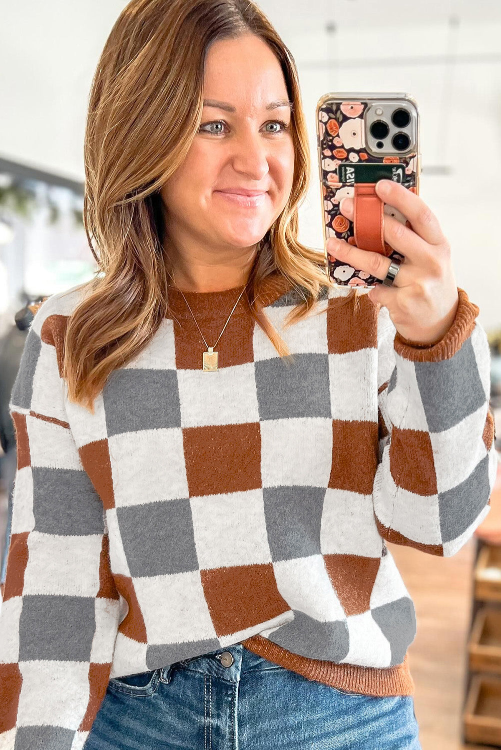 Plus Size Checkered Crewneck Sweater