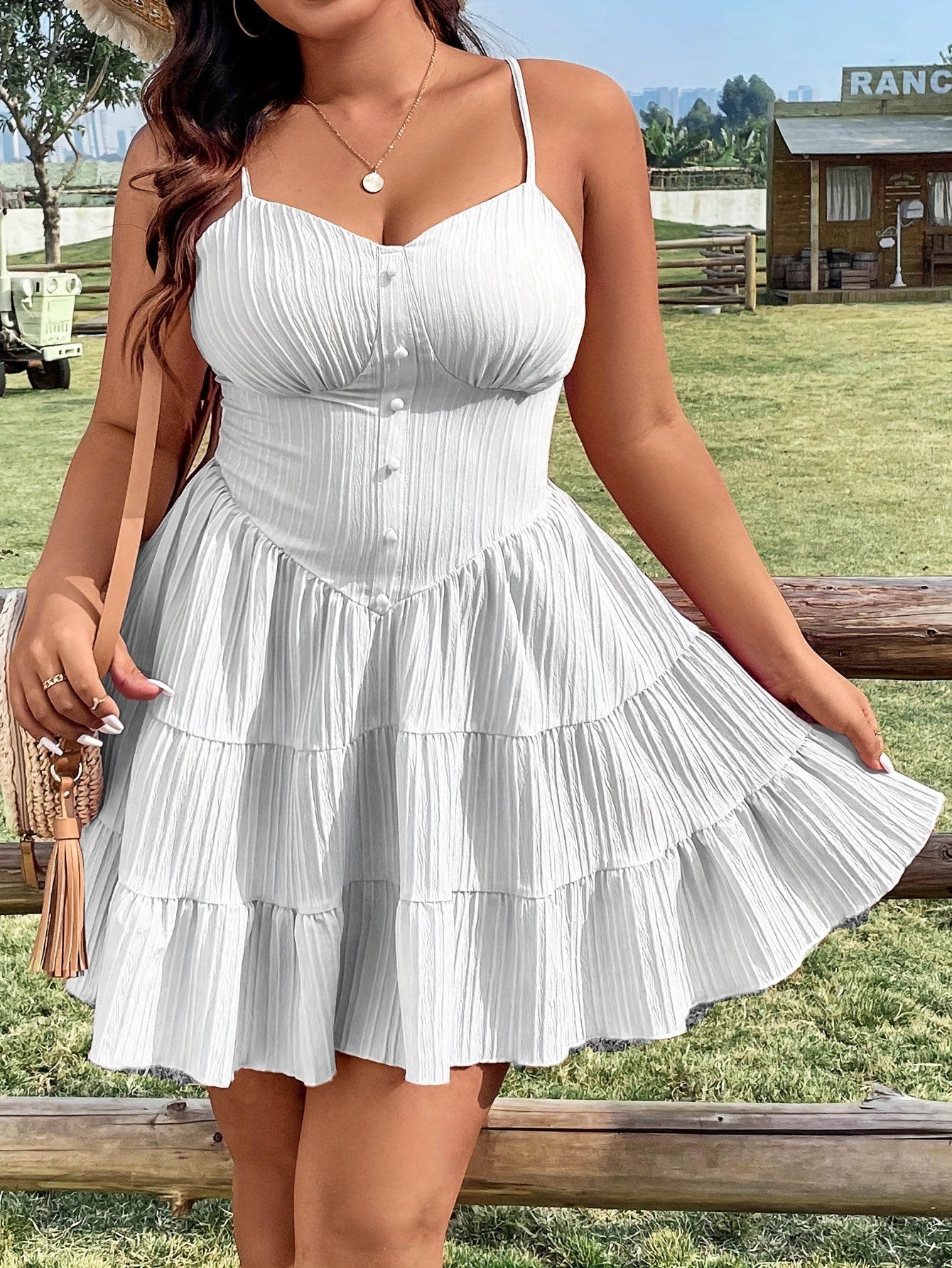 Women's Plus Size Textured Solid Tiered Cami Sleeveless Dress