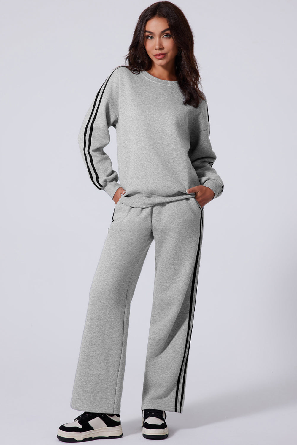 Solid Color Side Striped Sweatshirt Active Set