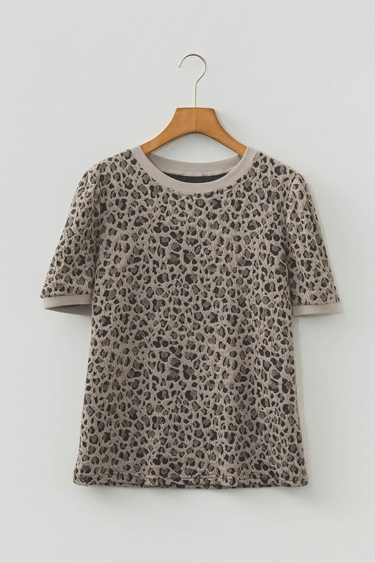Textured Leopard Print Crew Neck Short Sleeve Top
