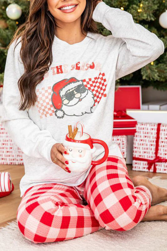 Christmas Claus Graphic Top & Plaid Pants Lounge Set