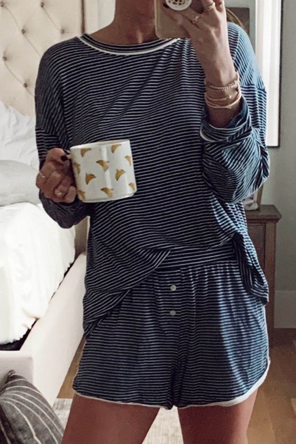 Stripe Drop Shoulder Tee and Buttoned Shorts Lounge Set - Blue