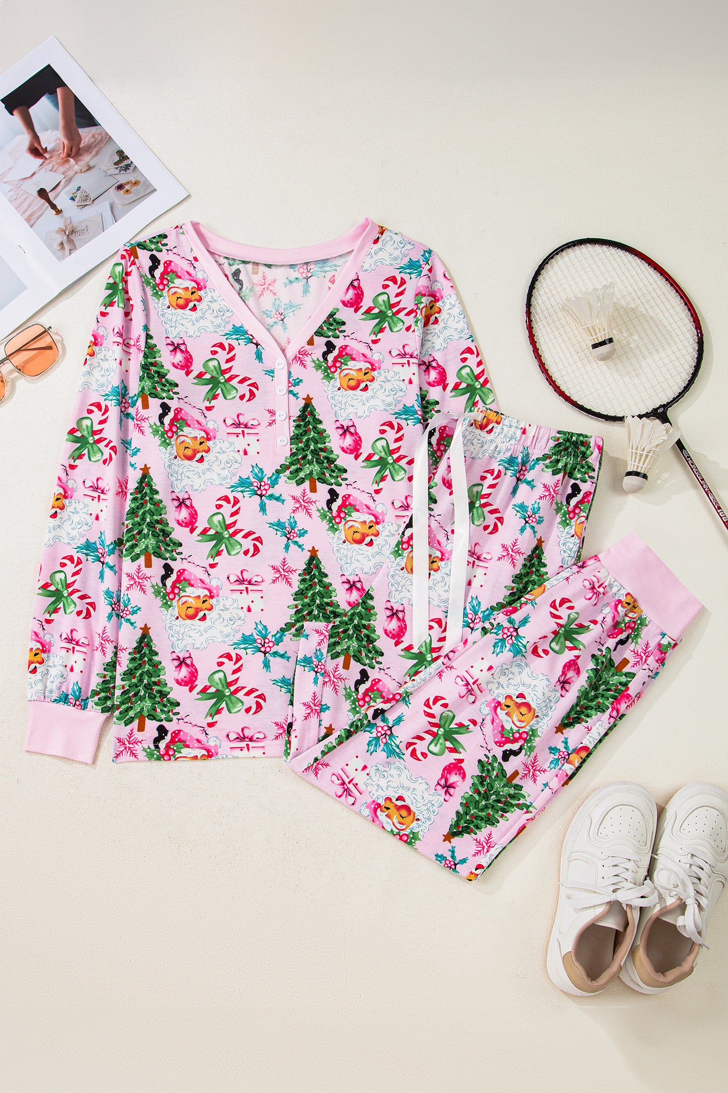 Pink Christmas Pattern Button V Neck Pullover and Drawstring Pants Lounge Set
