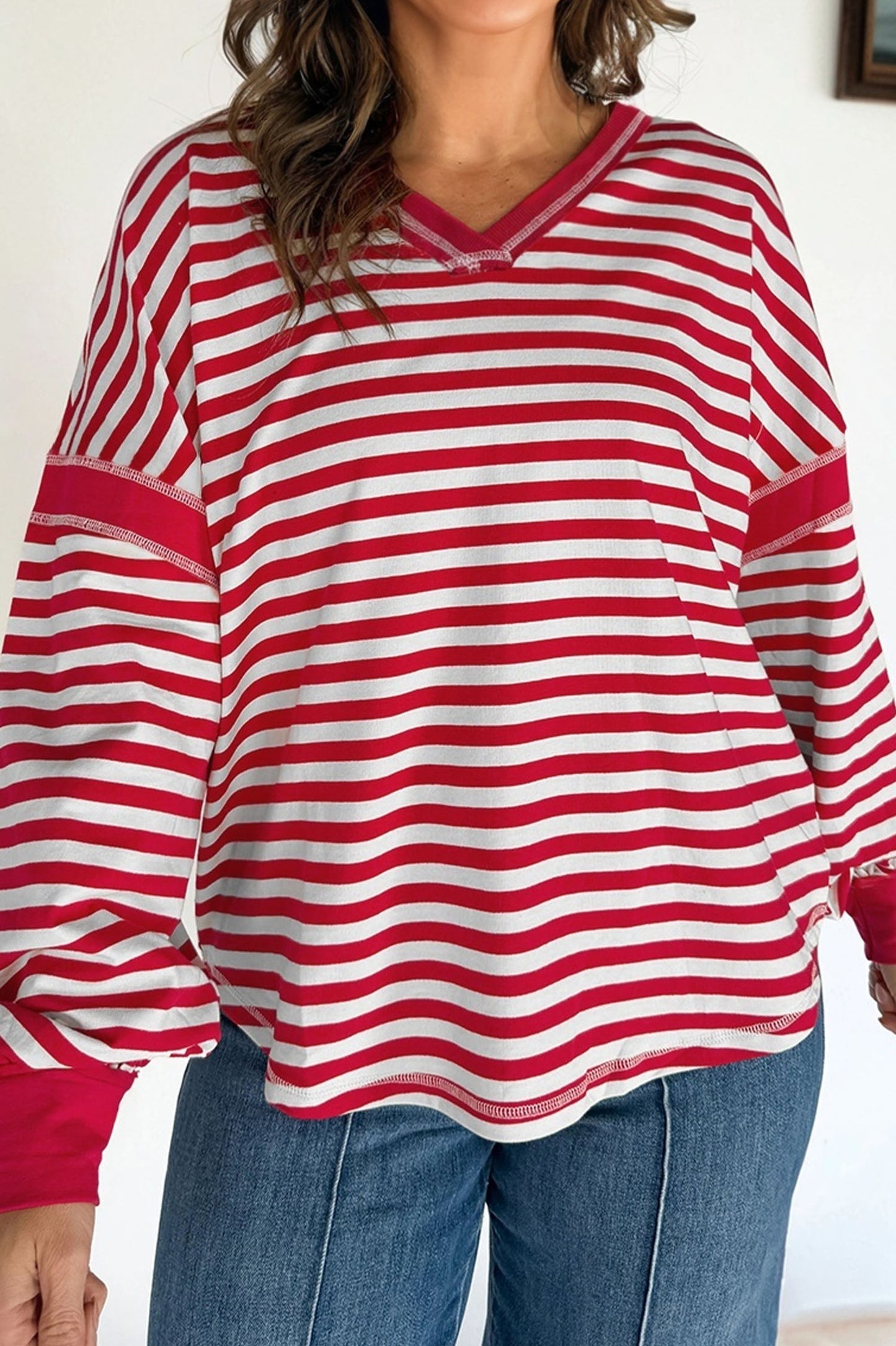 Stripe Exposed Seam V Neck Balloon Sleeve Pullover - Red