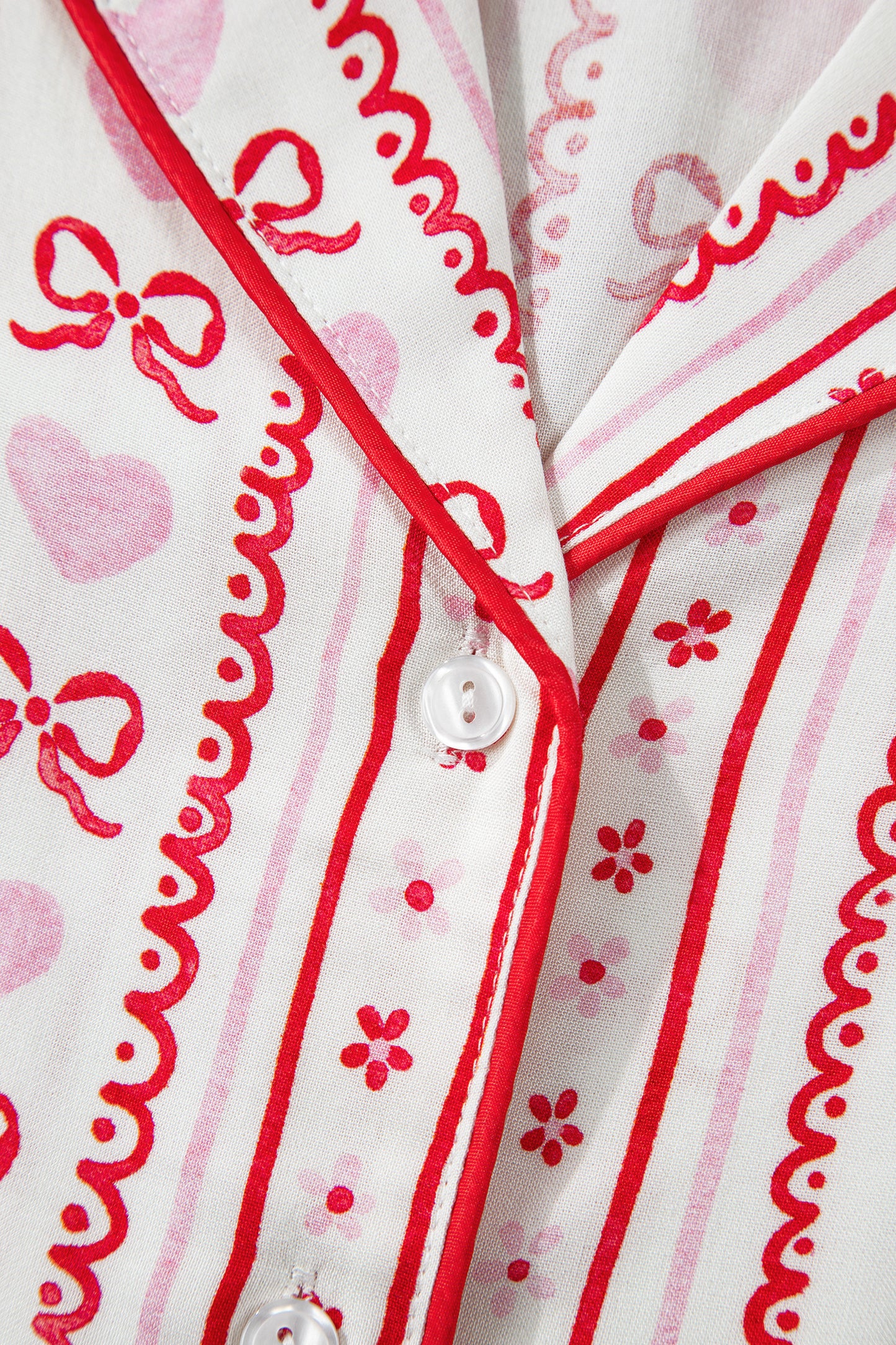 Bow Heart Print Ribbon Decor Short Pajama Set - Red