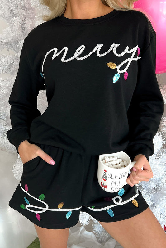 Sequin Graphic Pullover and Shorts Outfit