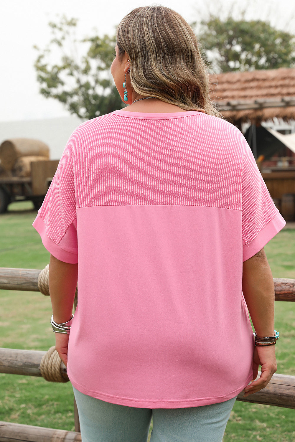 Corded Patchwork Pocketed Plus Size T Shirt