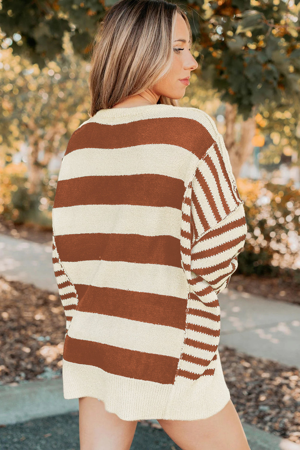 Brown Stripe Drop Shoulder Patchwork Baggy Sweater