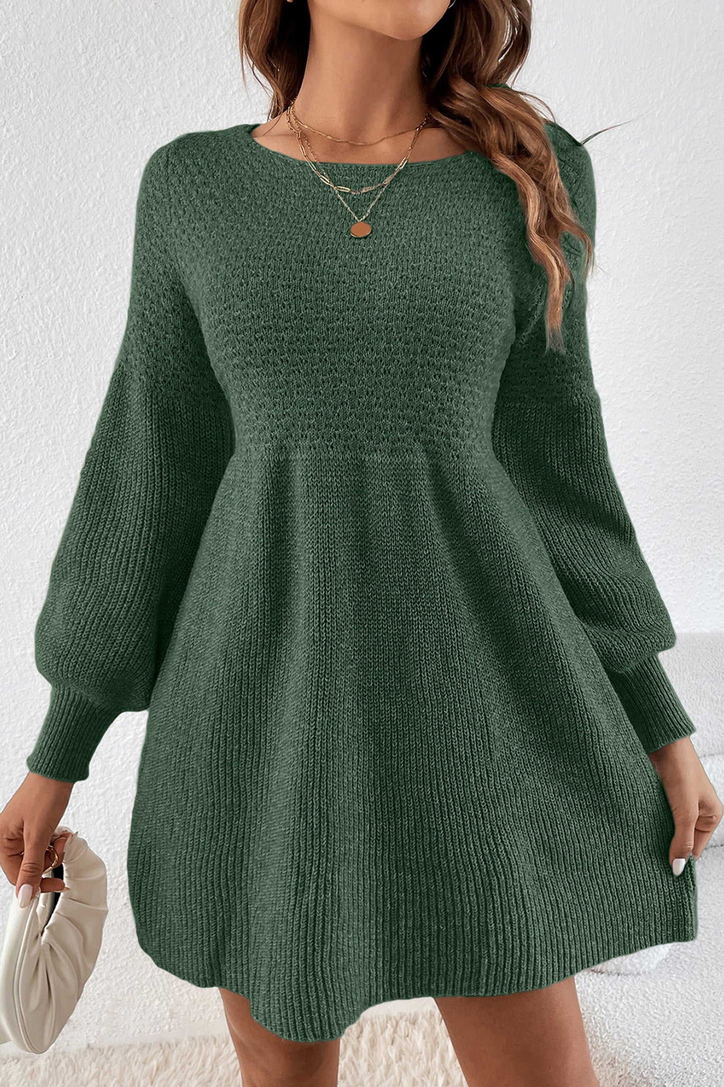 Mist Green Lantern Sleeve Empire Waist Short Sweater Dress