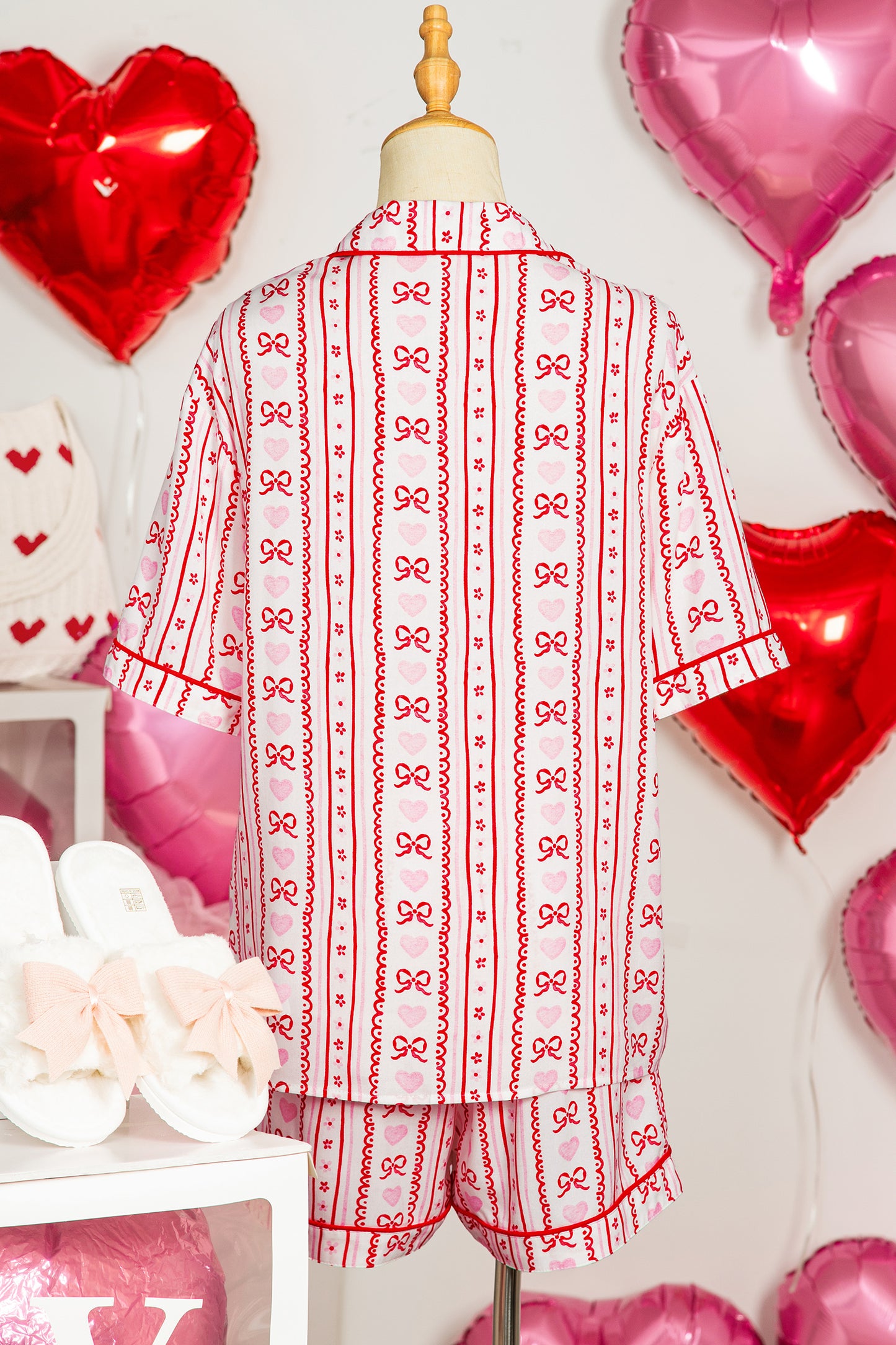 Bow Heart Print Ribbon Decor Short Pajama Set - Red