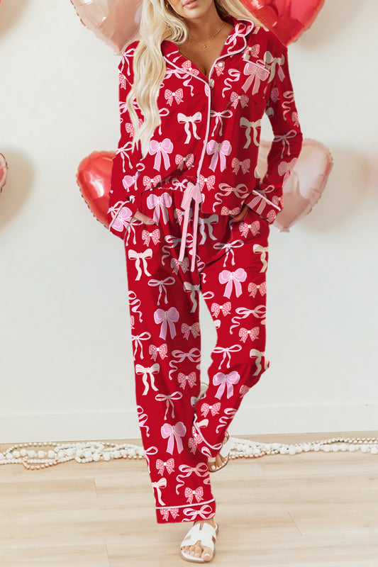 Sweet Bow Print Shirt Style Top & Long Pants Pajama Set