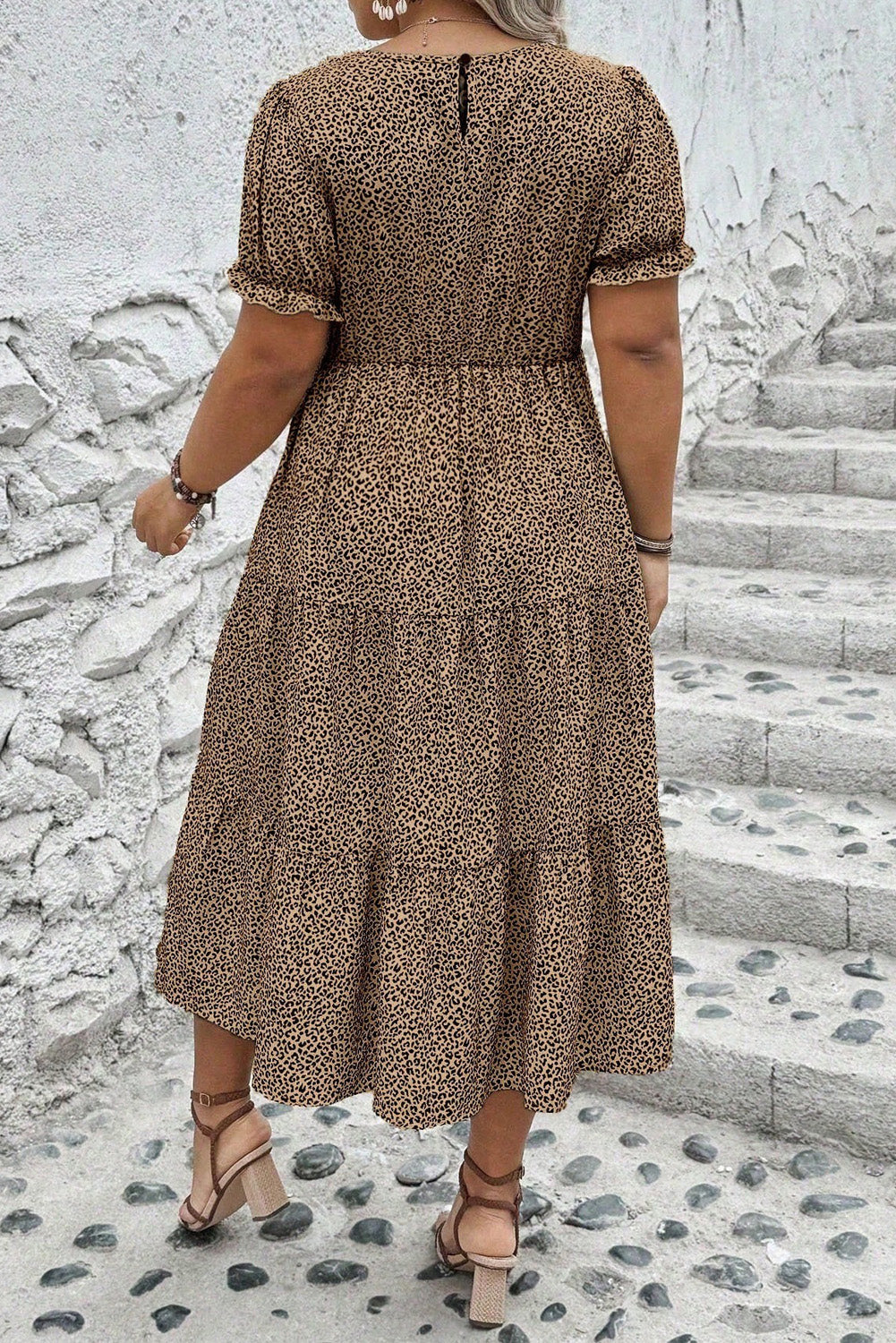 Leopard Print Frill Trim Short Sleeve Flared Dress