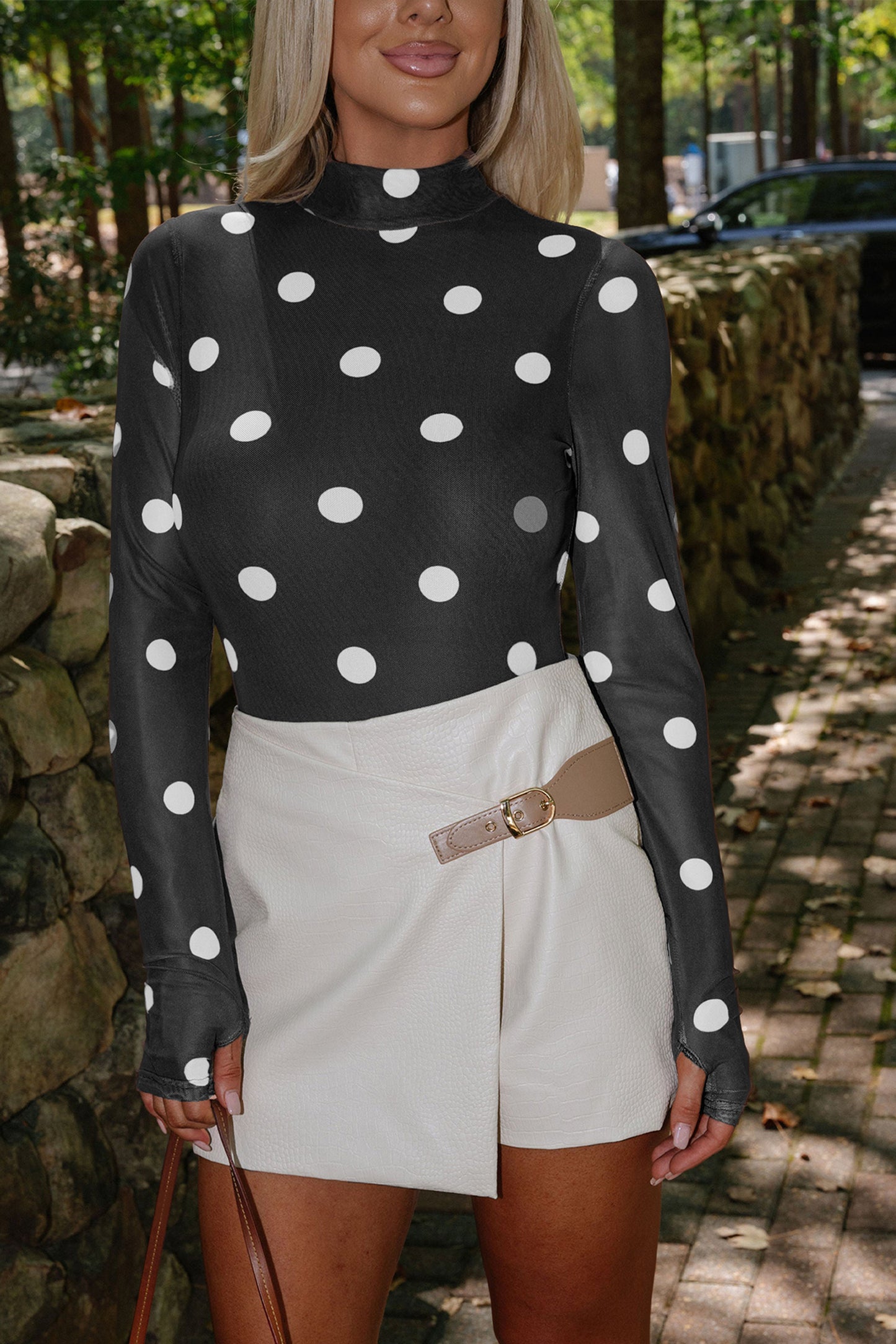 Vintage Polka Dot Mesh Long Sleeve Bodysuit - Black