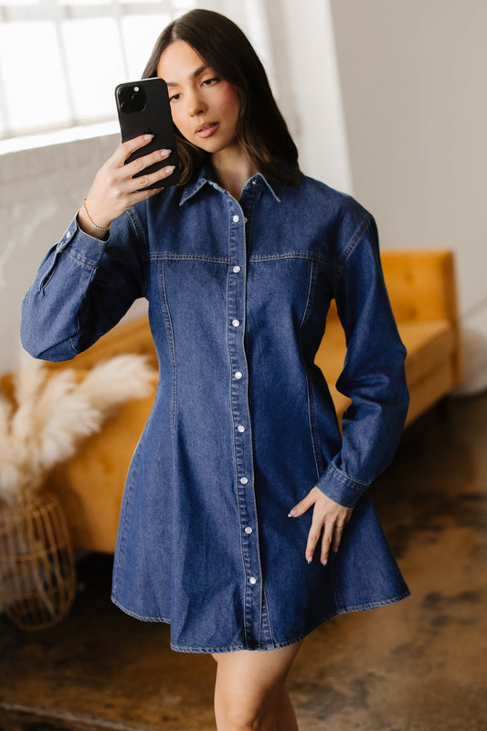 Denim Shirt Collar Long Sleeve Flared Mini Dress