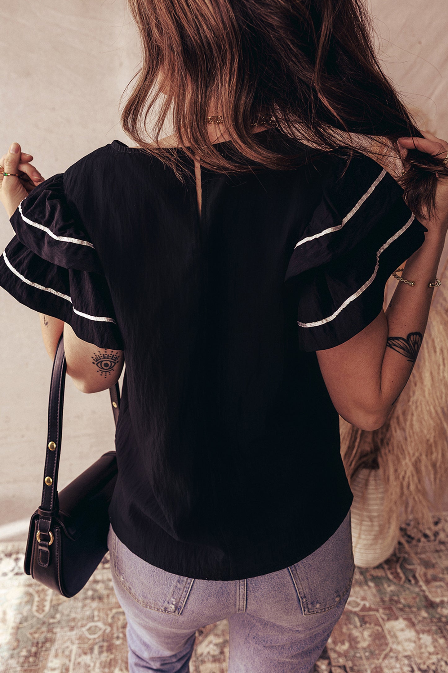 Contrast Trim Dual Ruffle Short Sleeve Textured Blouse