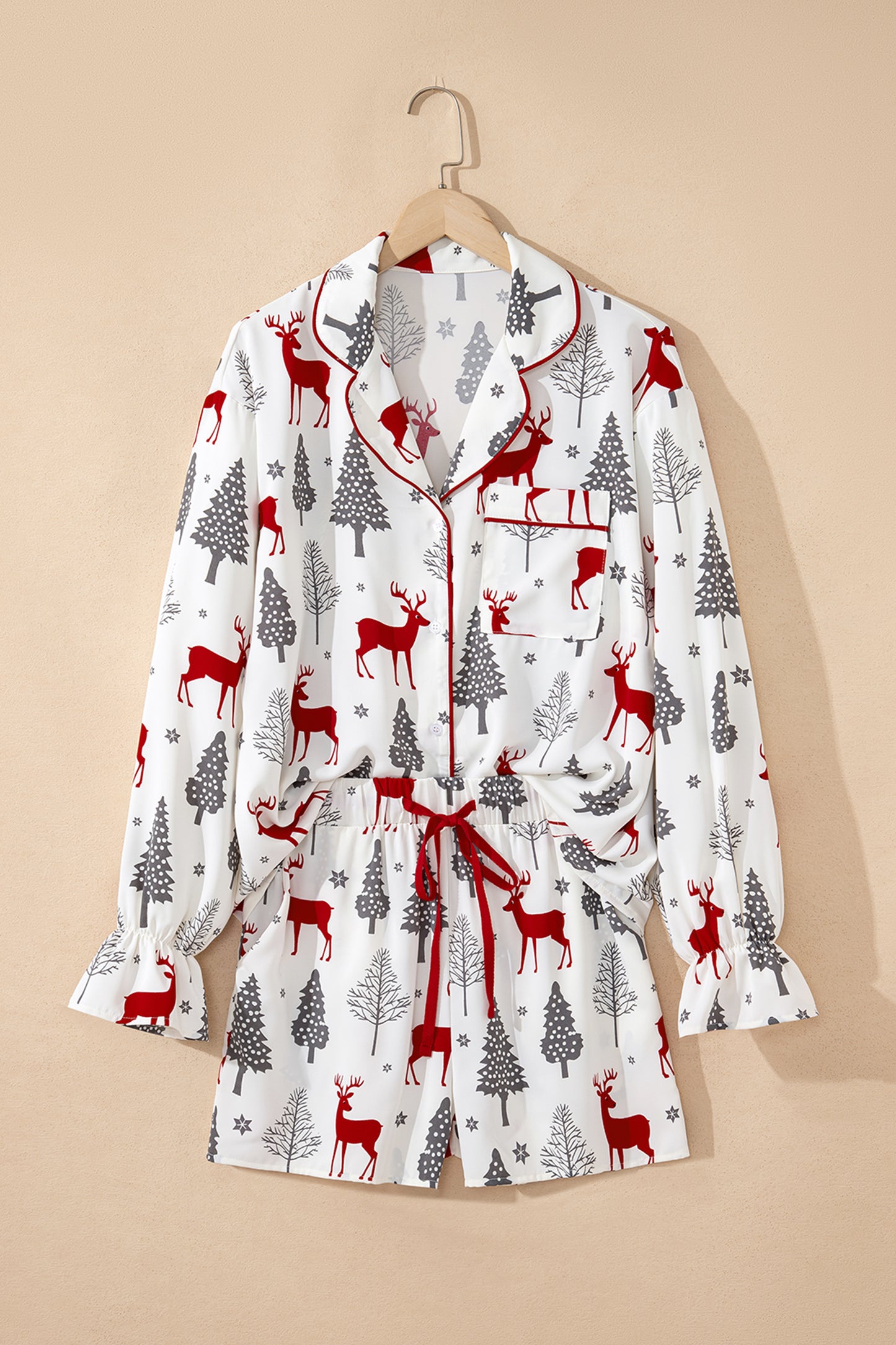 Christmas Print Velvet Trim Bow Knot Pajama Short Set