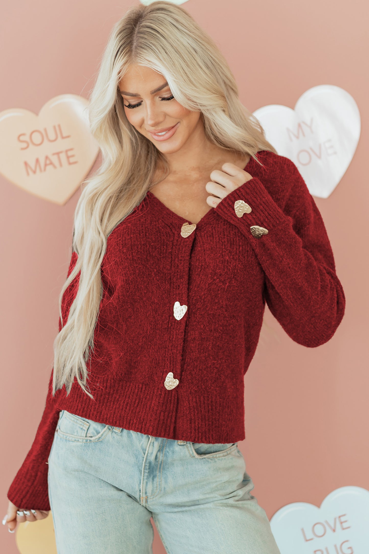 Heart Metal Button V-Neck Cardigan Sweater