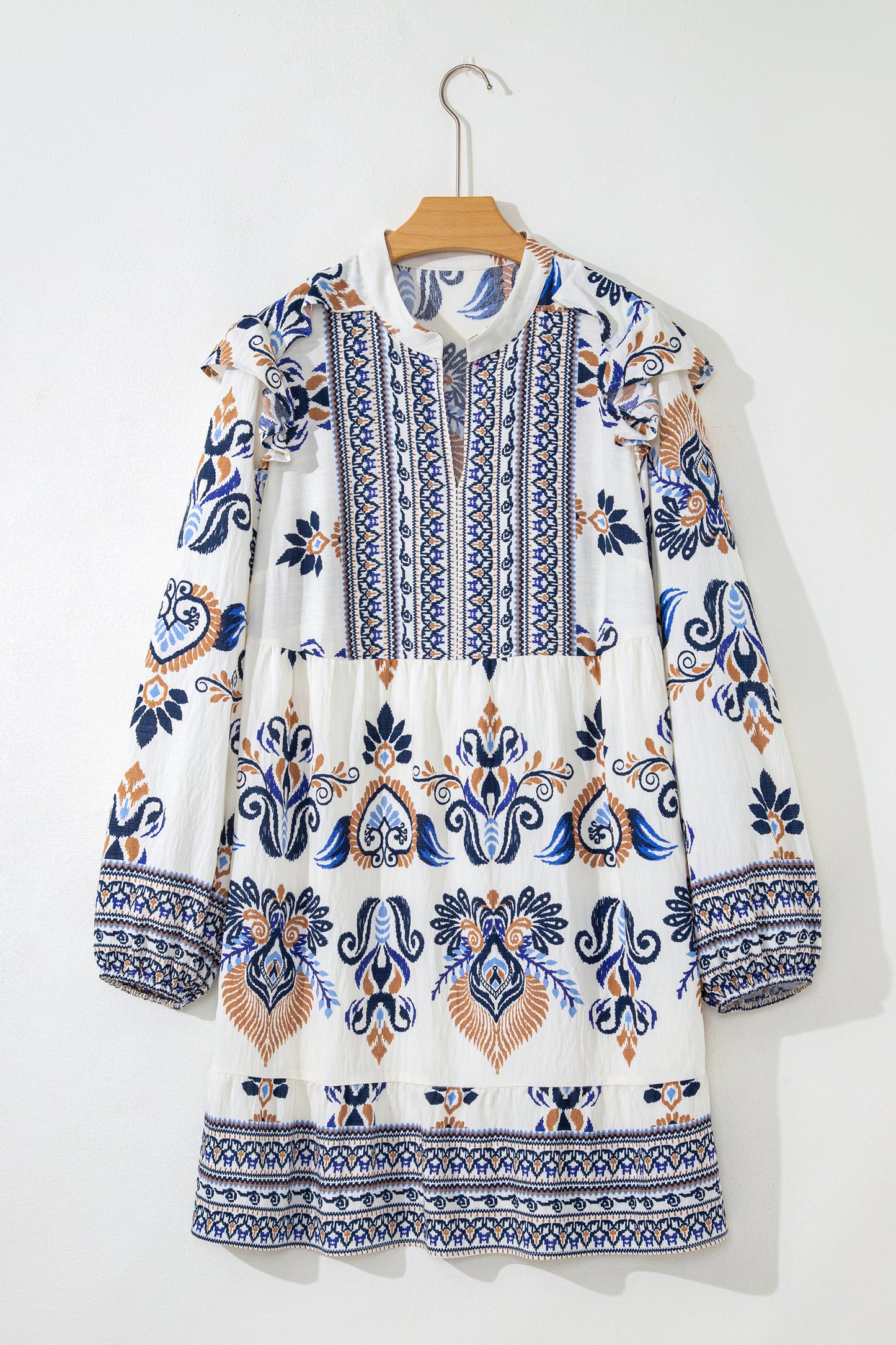 Sky Blue Boho Print Split Neck Long Sleeve Mini Dress