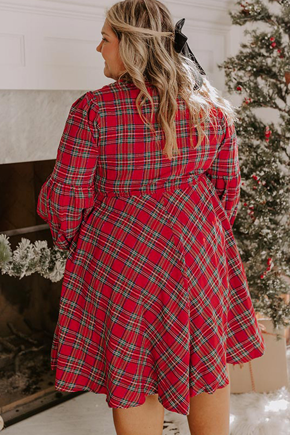 Red Plaid Half Button Long Sleeve Holiday Dress - Plus Size