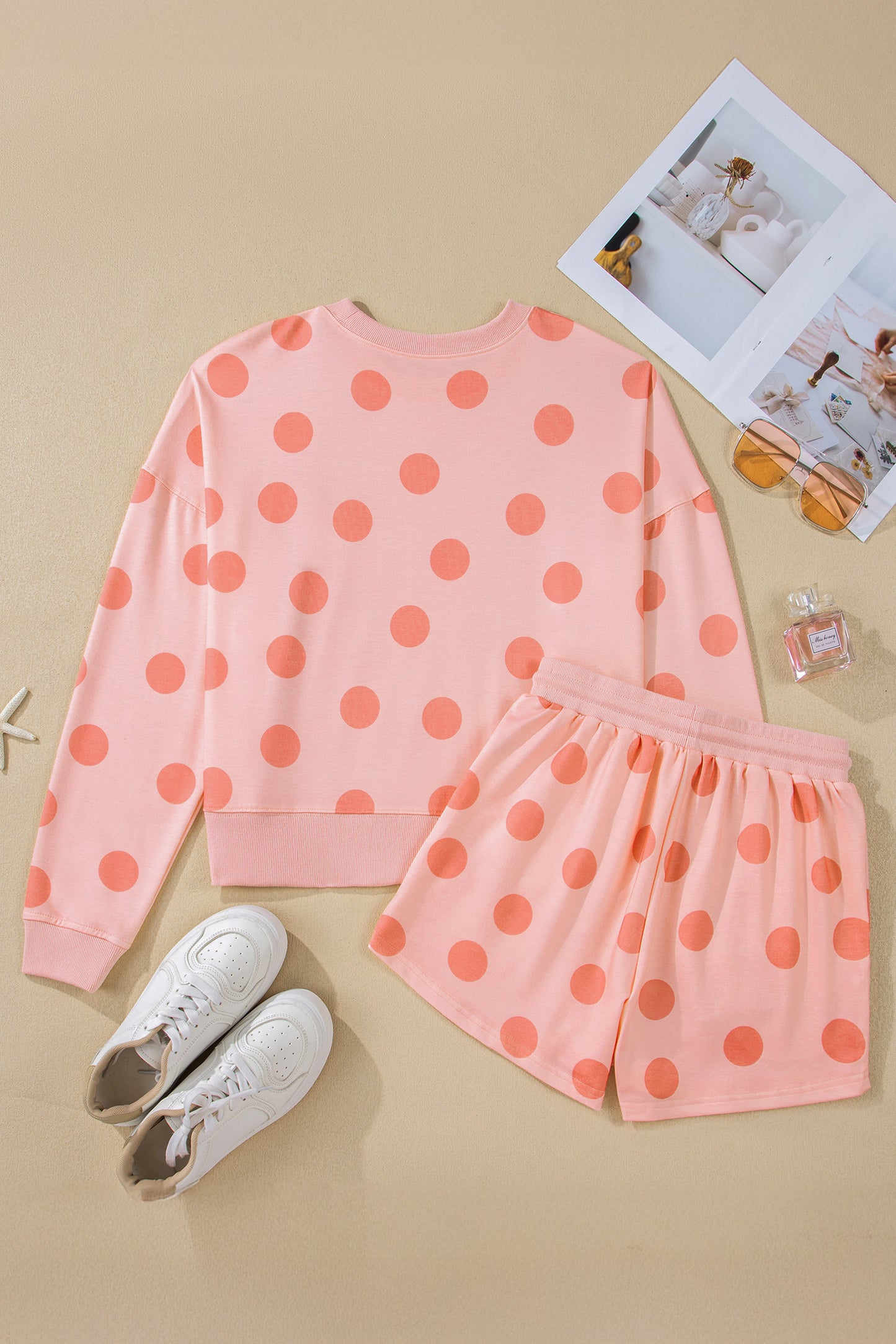 Polka Dot Print Drop Shoulder Pullover & Drawstring Shorts Set