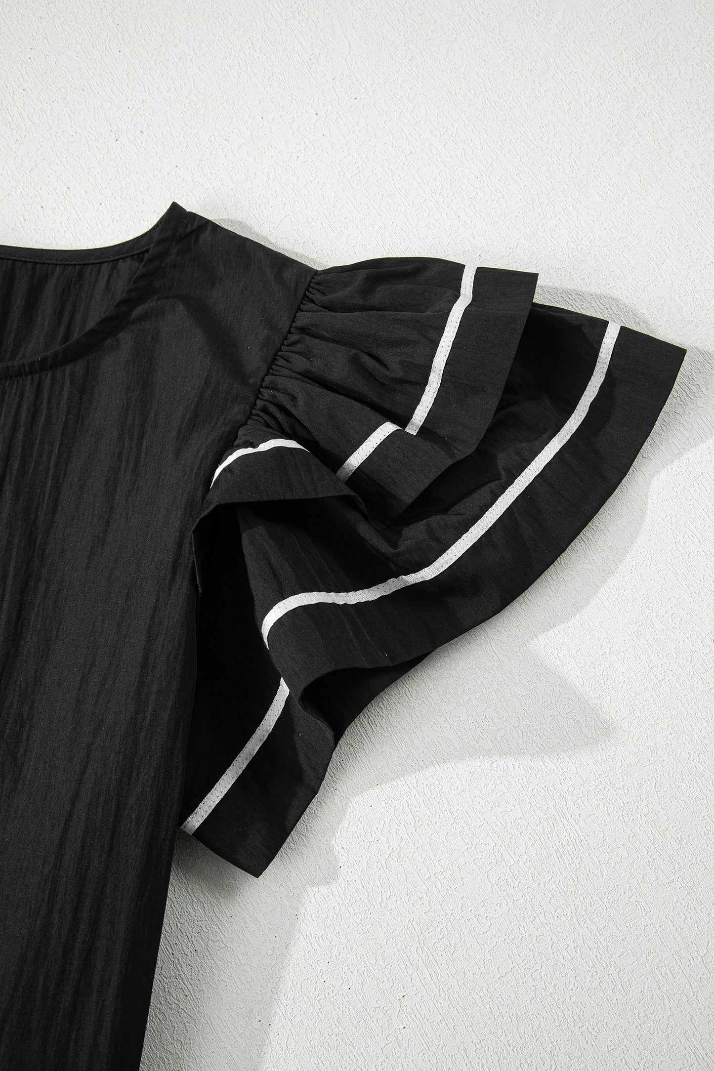 Contrast Trim Dual Ruffle Short Sleeve Textured Blouse