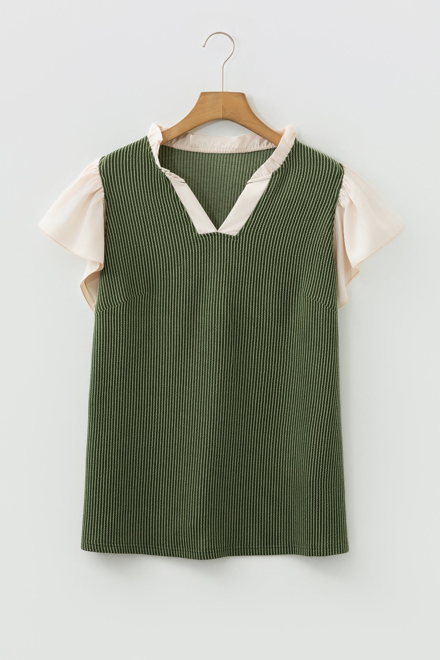 Plus Size Contrast Frilled Neckline Ruffled Short Sleeve Ribbed Textured Blouse