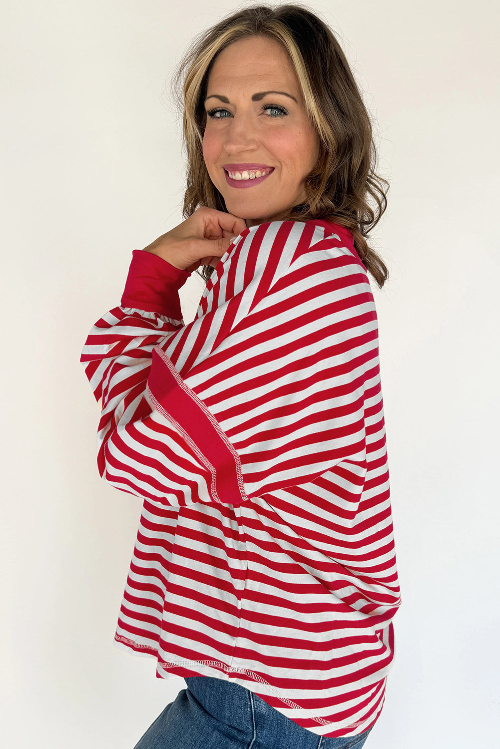 Stripe Exposed Seam V Neck Balloon Sleeve Pullover - Red