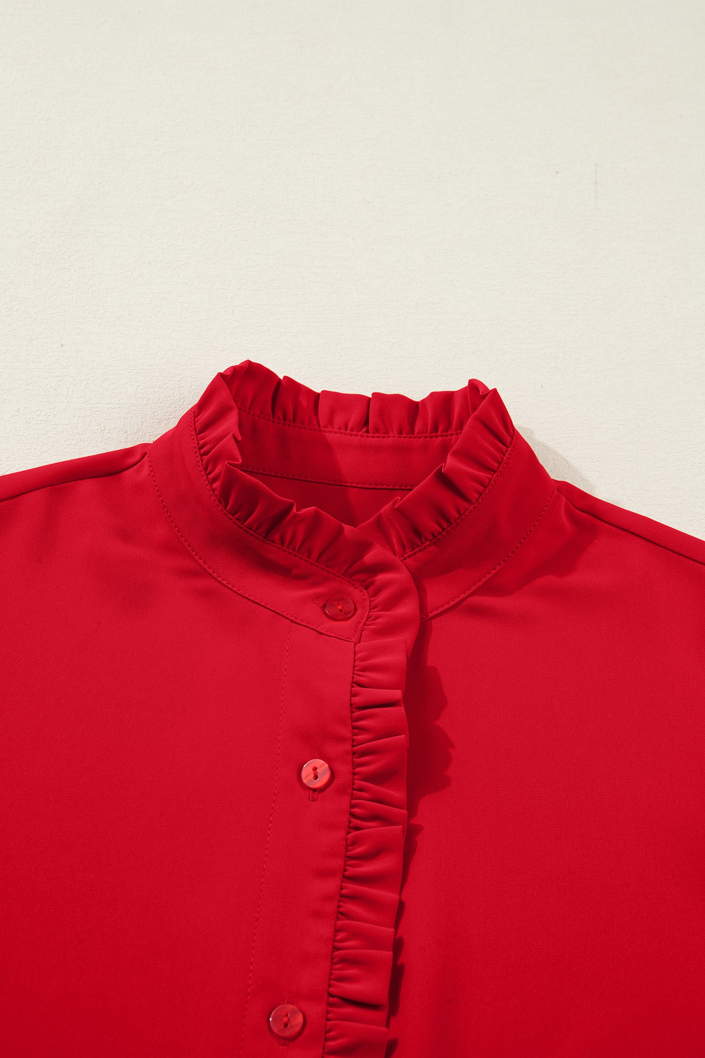 Fiery Red Frilled Trim Button Up Pleated Long Sleeve Shirt