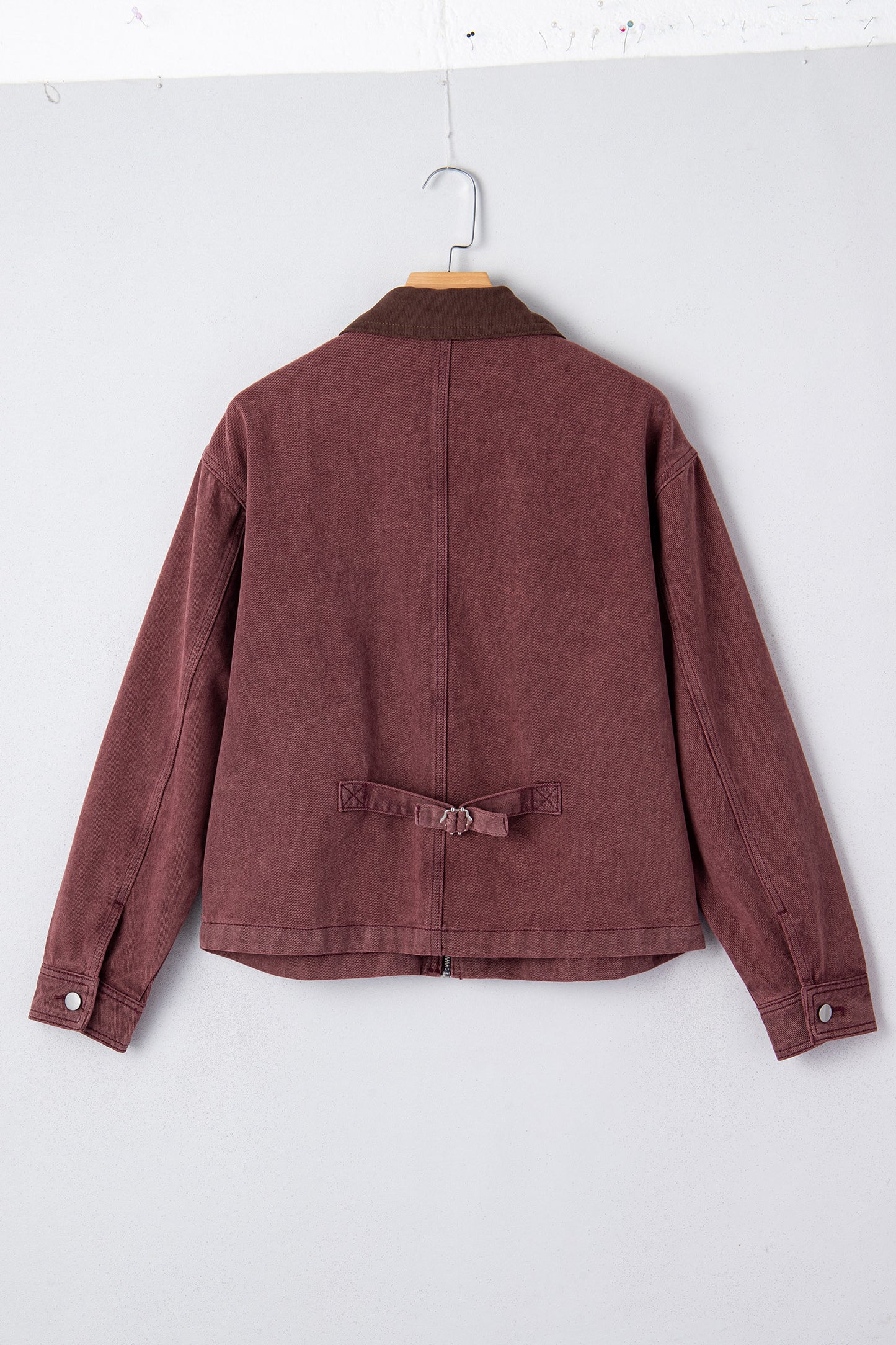 Corduroy Collar Denim Jacket - Zipped Front Coffee Brown