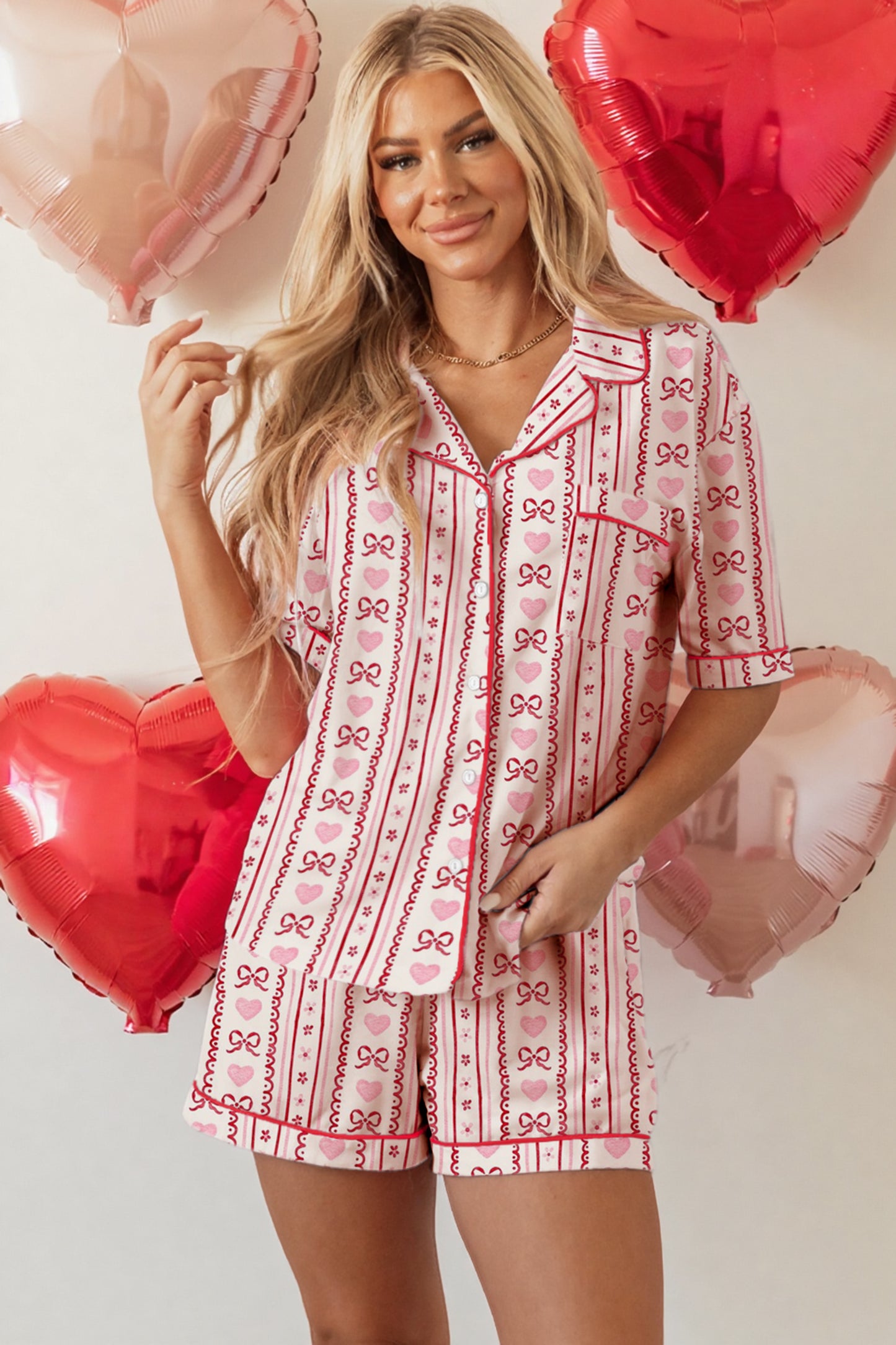 Bow Heart Print Ribbon Decor Short Pajama Set - Red