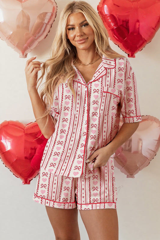 Bow Heart Print Ribbon Decor Short Pajama Set - Red