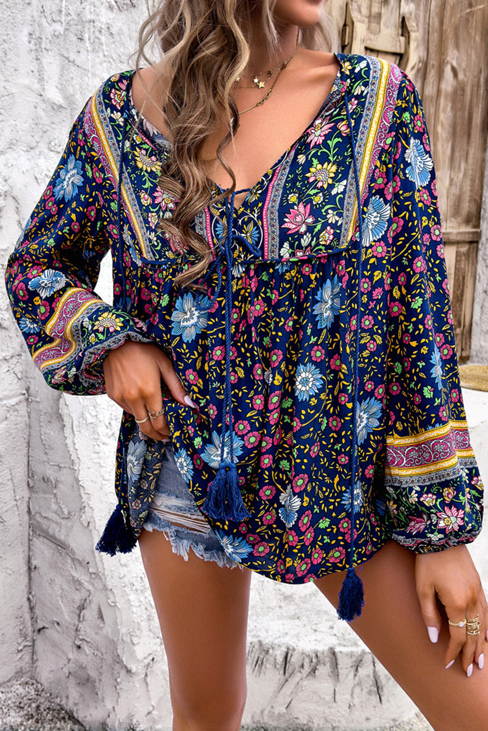 Floral Print Tassel Tie Front Long Sleeve Blouse