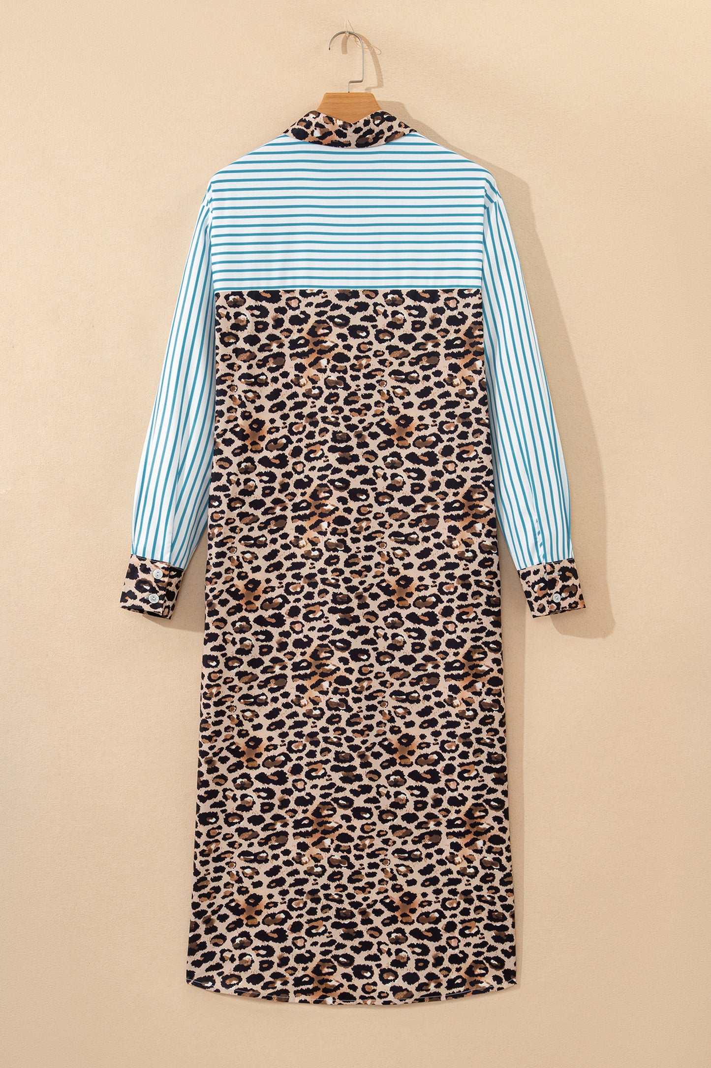 Stripe Contrast Leopard Patchwork Long Shirt Dress with Slits